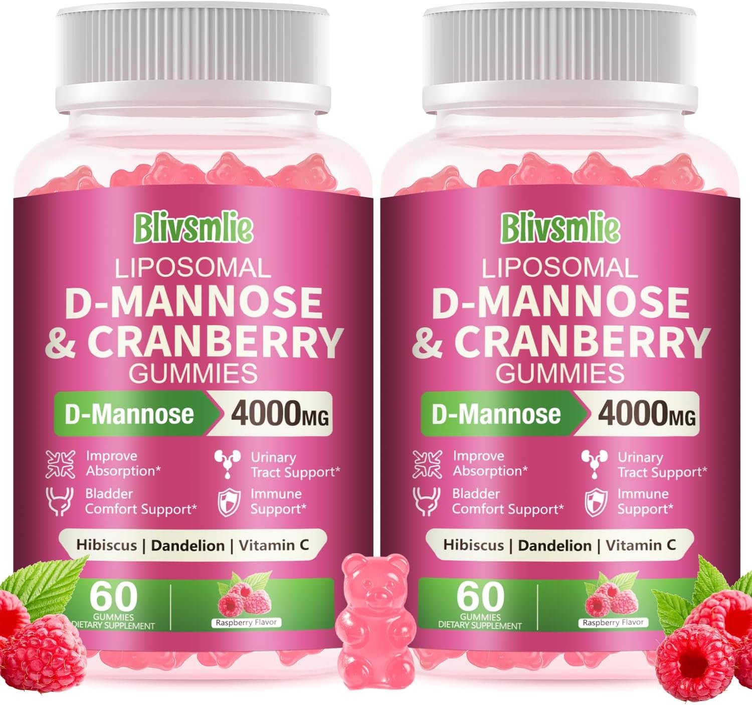 2 Pack Liposomal D-Mannose Gummies 4000mg Complex Cranberry 1500mg & Hibiscus,High-Potency Formula for Women Urinary Tract & Immune Support,Liver, Bladder Flush Cleanse Wellness Supplement