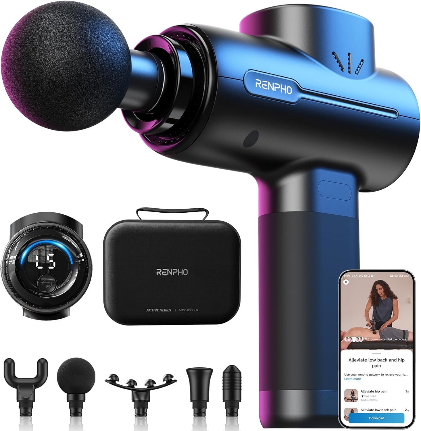 RENPHO Active+ Percussion Massage Gun, Fathers Day Dad Gifts, 5 Adjustable Speeds for Back, Neck, Muscle Recovery – App Controlled Guided Courses, Carry Case for Professional Athlete, Gym and Travel