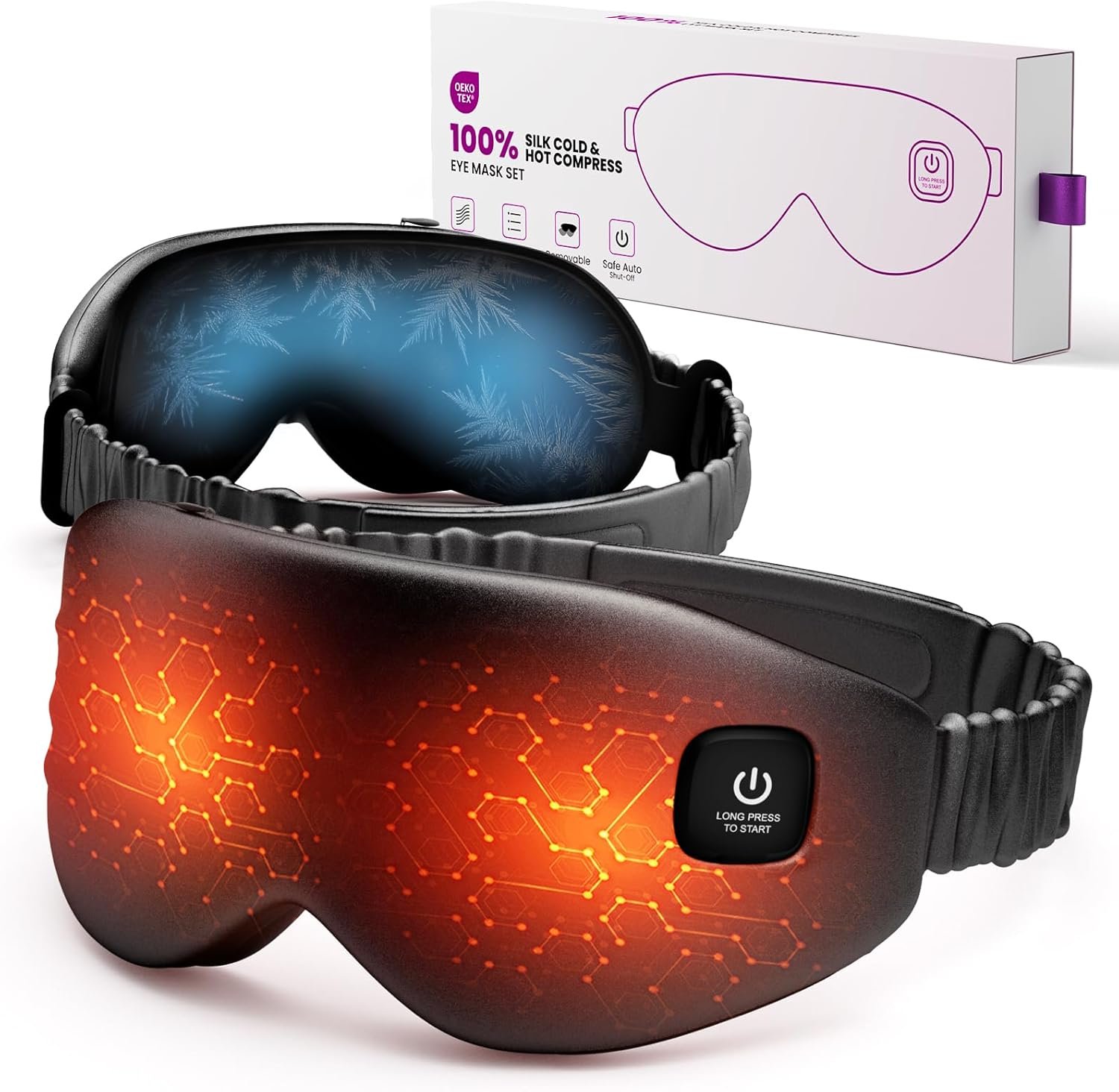 100% Silk Wireless Heated Eye Mask with Cooling, Relieves Dry Eye Syndrome and Puffy, Reduces Dark Circles, Adjustable Velcro Design and Washable Cover, Suitable for Travel & Gifts-Black.
