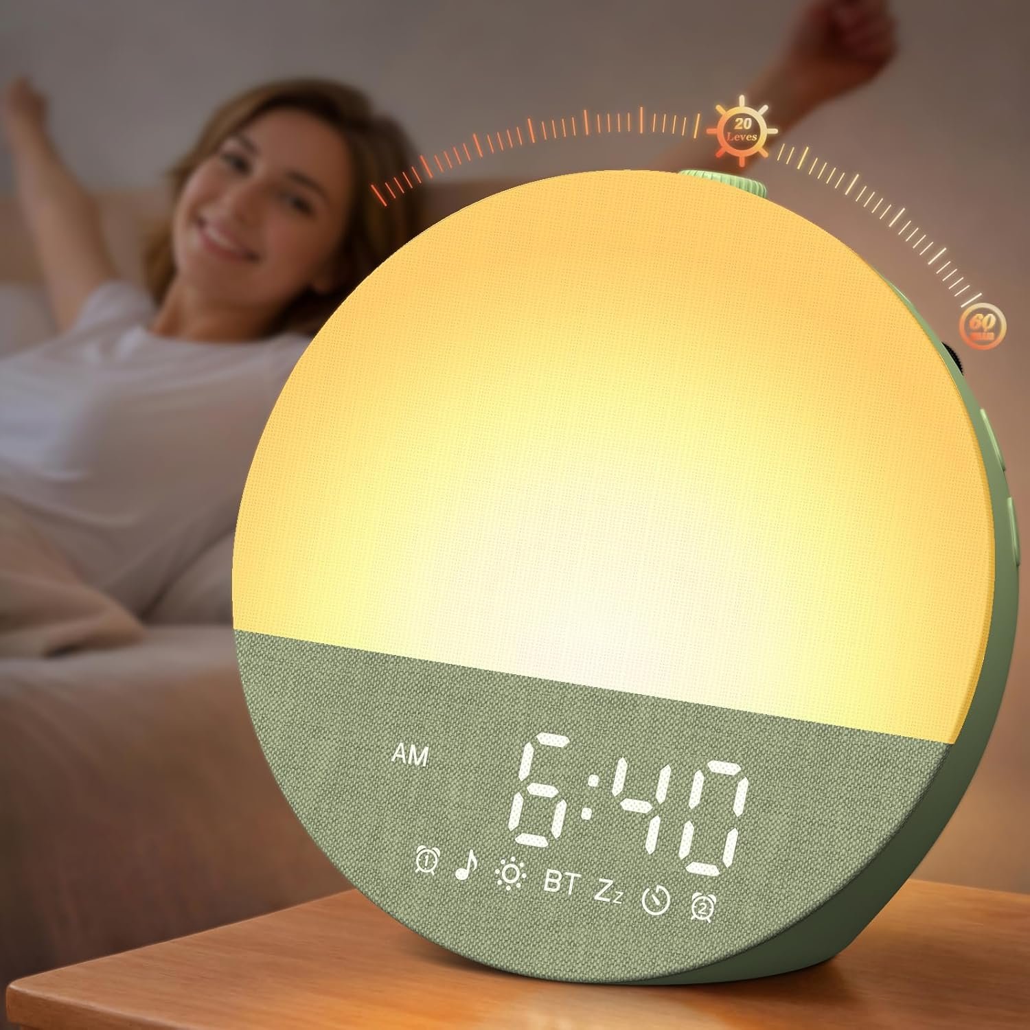 Natural Wake-Up Sunrise Alarm Clock: 10-60 Min Gradual Light, 20-Level Brightness Enough for Early Starts – 30 Smoothing Sounds Machine for Heavy Sleepers