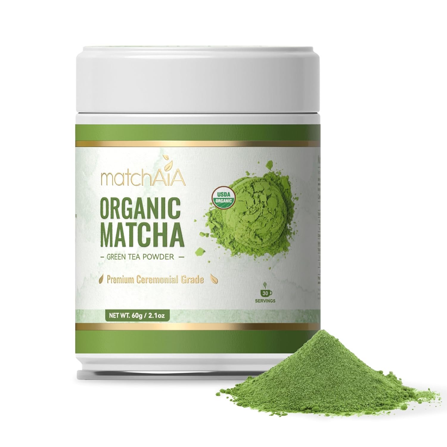 MatchAiA Organic Ceremonial Matcha Green Tea Powder – Premium Ceremonial Grade, First Spring Harvest, USDA Certified, 100% Pure – Sugar Free, Gluten Free (60g / 2.1oz Tin)