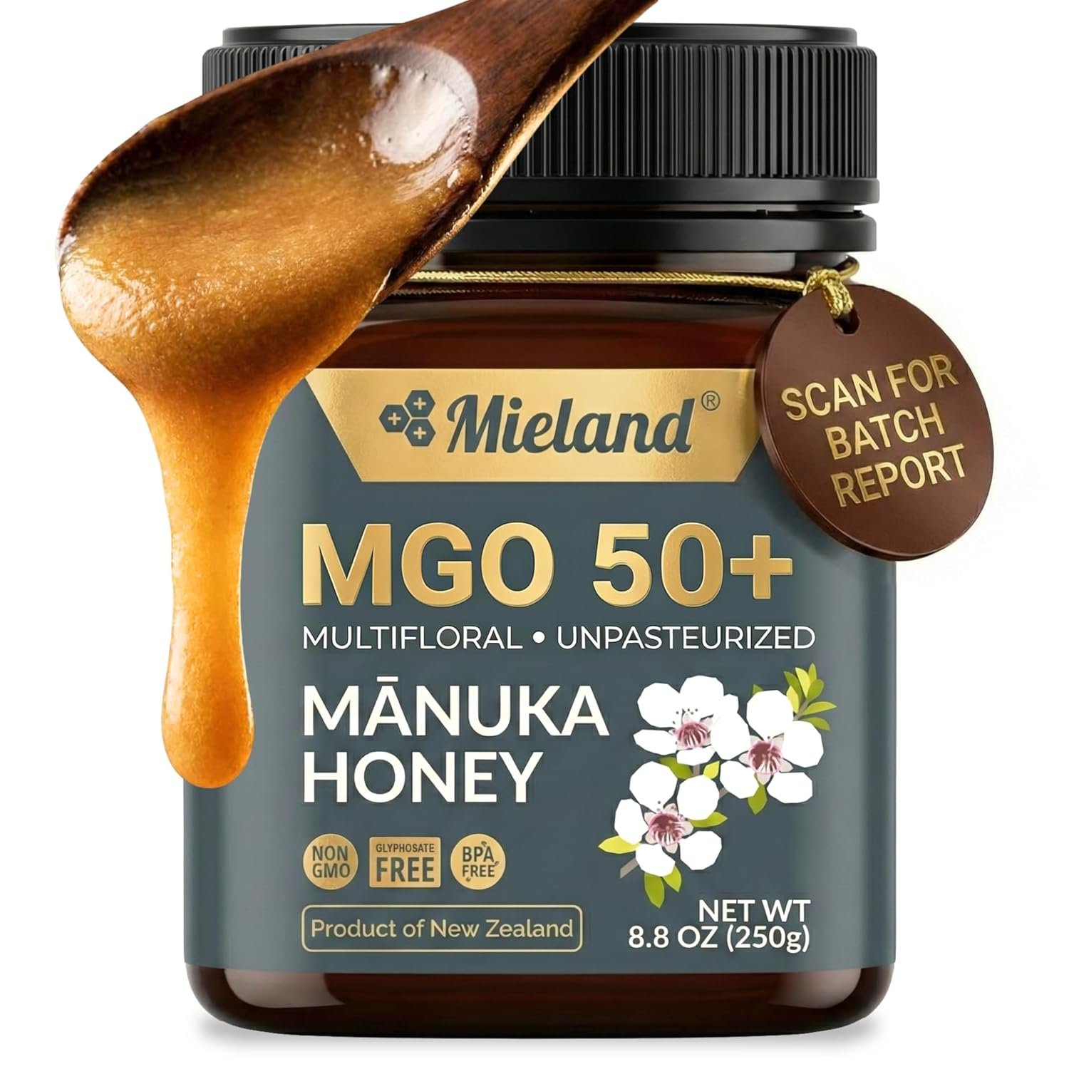 100% Certified Pure New Zealand Manuka Honey MGO 50+ | Raw Unpasteurized Natural Honey | Fully Traceable, Non-GMO, Glyphosate Free, Lab Tested (250g)
