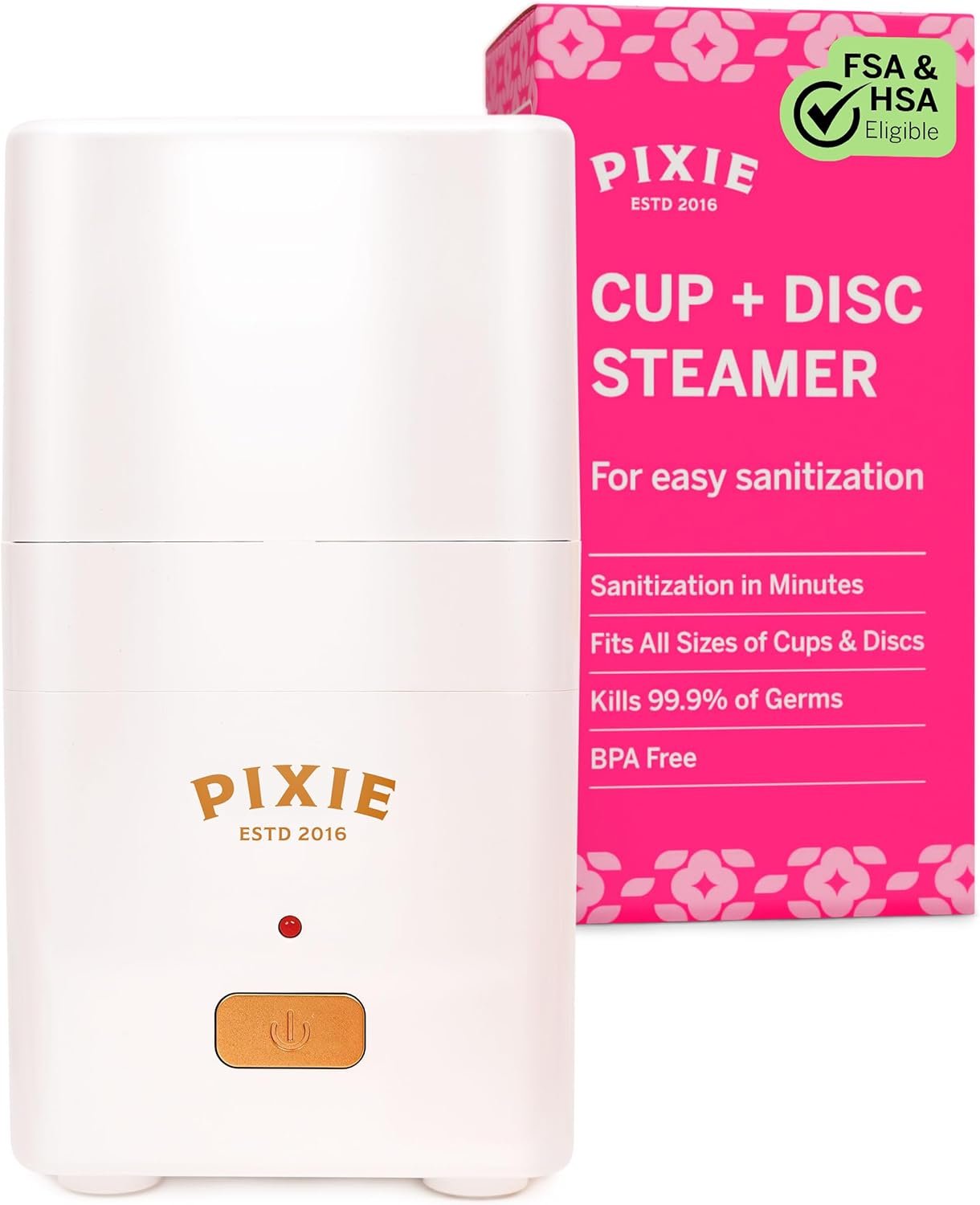 Pixie Menstrual Cup Steam Cleaner – Wash Your Cup + Kill 99.9% of Germs with Cleanser Steam for Feminine Care – 3 Minutes and Your Period Cup is Sterile! Automatic Shut Off – FSA Eligible (White)
