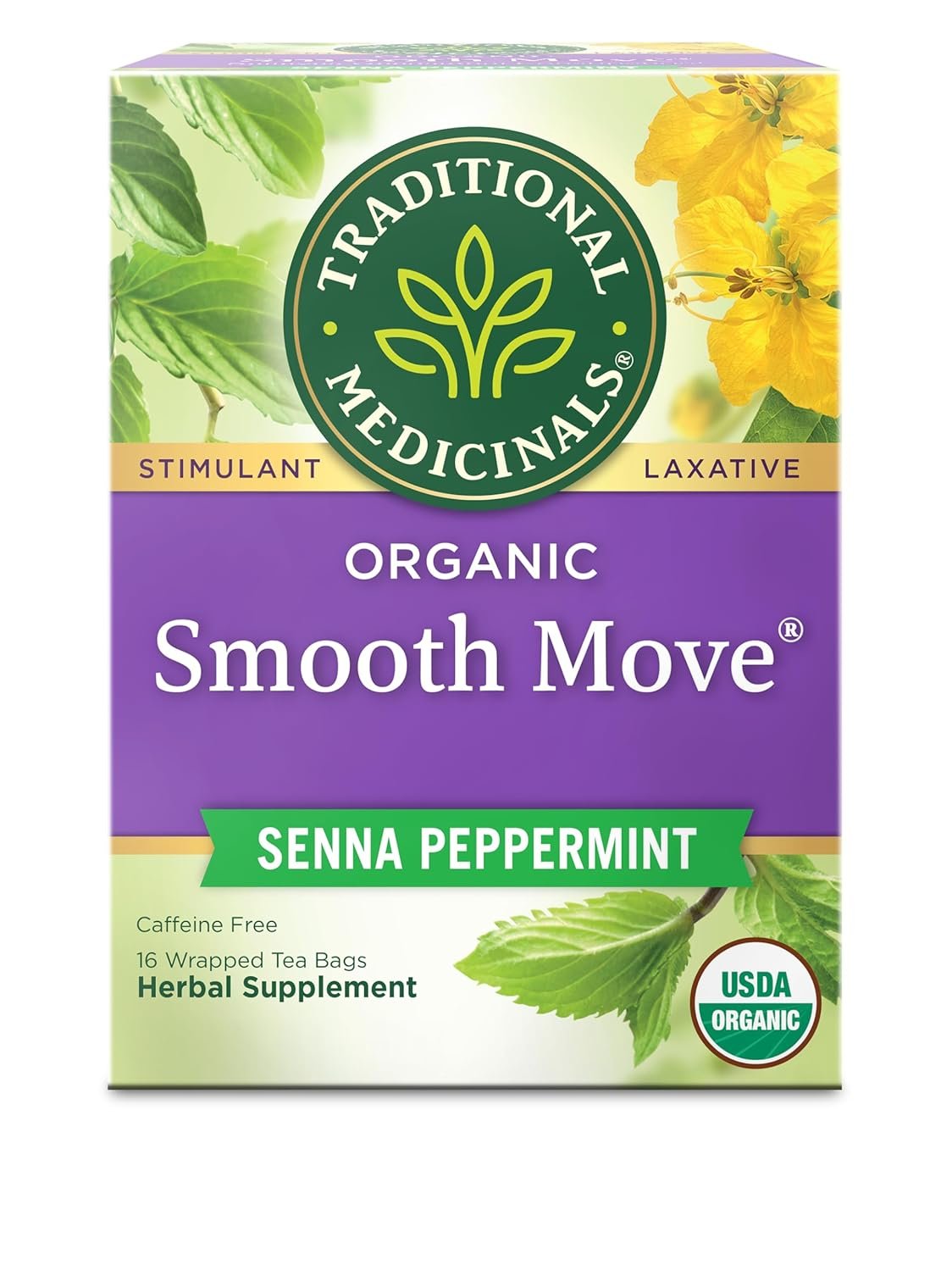 Traditional Medicinals Organic, Smooth Move Tea, Peppermint & Senna – Helps Relieve Constipation Overnight – Kosher, Non-GMO, Caffeine-Free, Compostable – 16 Tea Bags