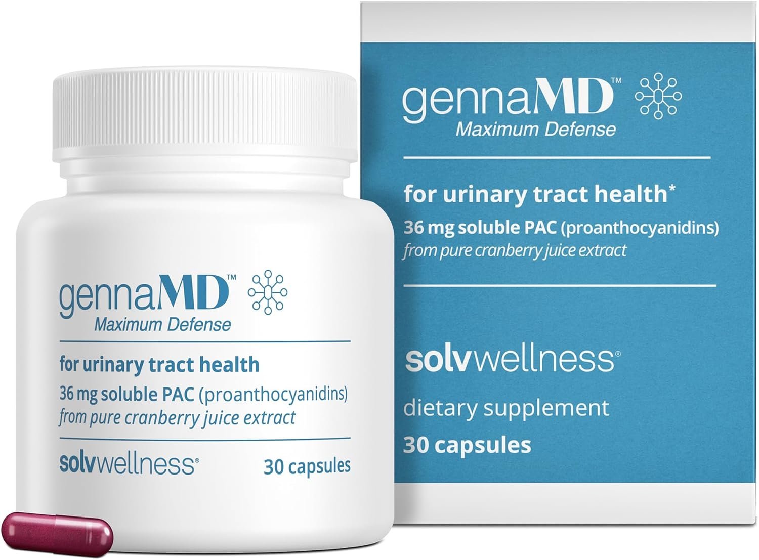 Solv Wellness GennaMD – Maximum UTI Defense – 36 mg Soluble PAC from 100% Cranberry Juice Extract – Highest PAC Concentration in a Small, Easy-to-Swallow Capsule – 30 Capsules