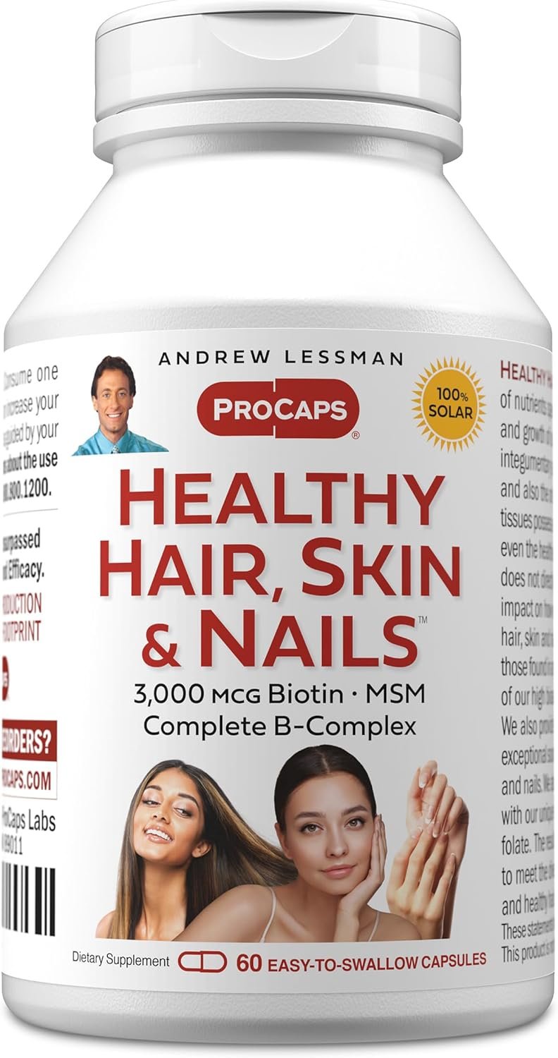 ANDREW LESSMAN Healthy Hair, Skin and Nails 60 Capsules – 3000 mcg High Bioactivity Biotin, B-Complex. Promotes Beautiful Skin, Strong Nails. No Additives Hair Growth Vitamins Biotin Supplement