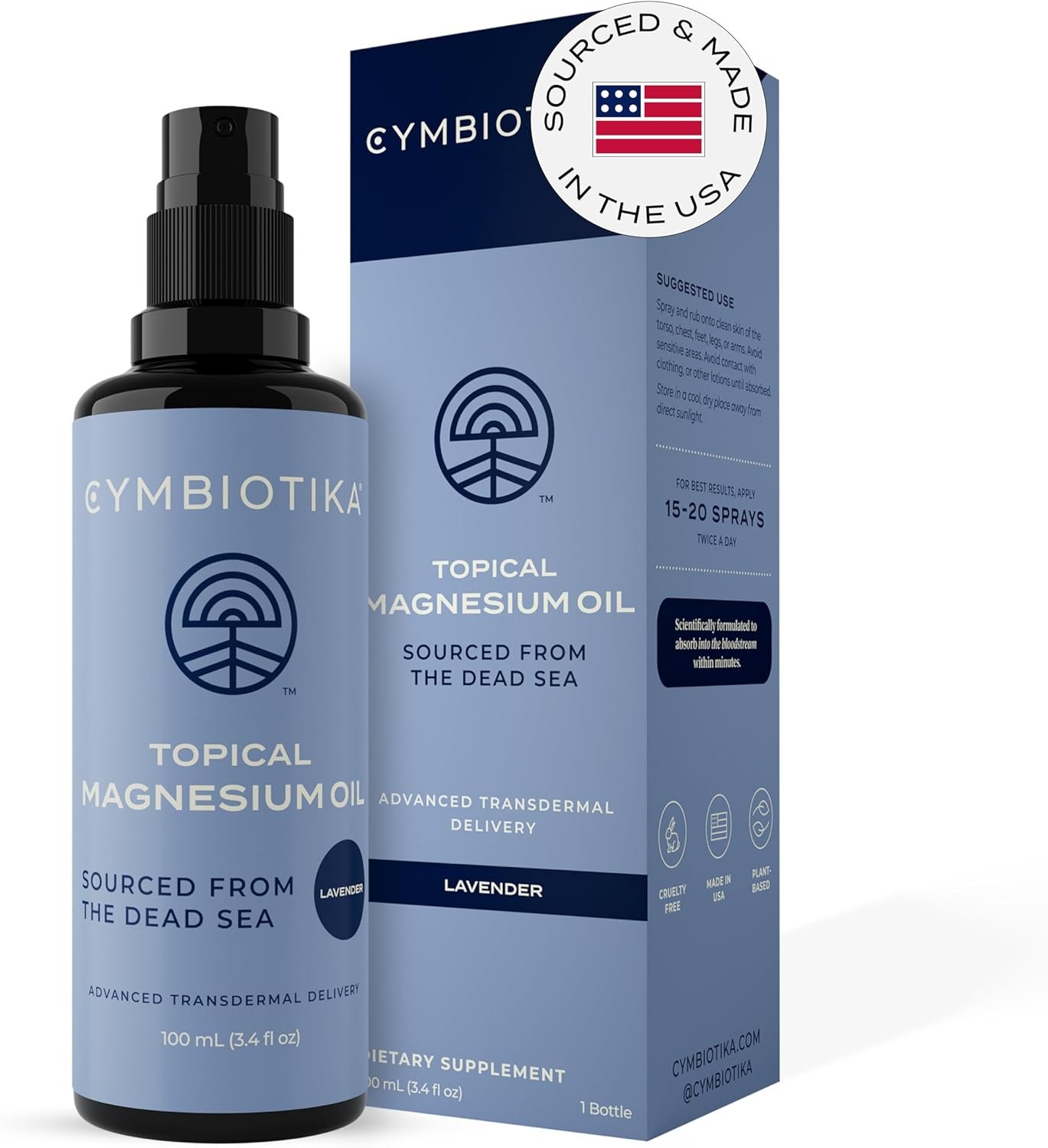 CYMBIOTIKA Topical Magnesium Oil Spray for Body, USA Made, Supplement for Leg Cramps, Muscle, Joint Health & Sleep Support, Includes Magnesium Chloride, Lavender Extract, Aloe Vera – Skin Applicator