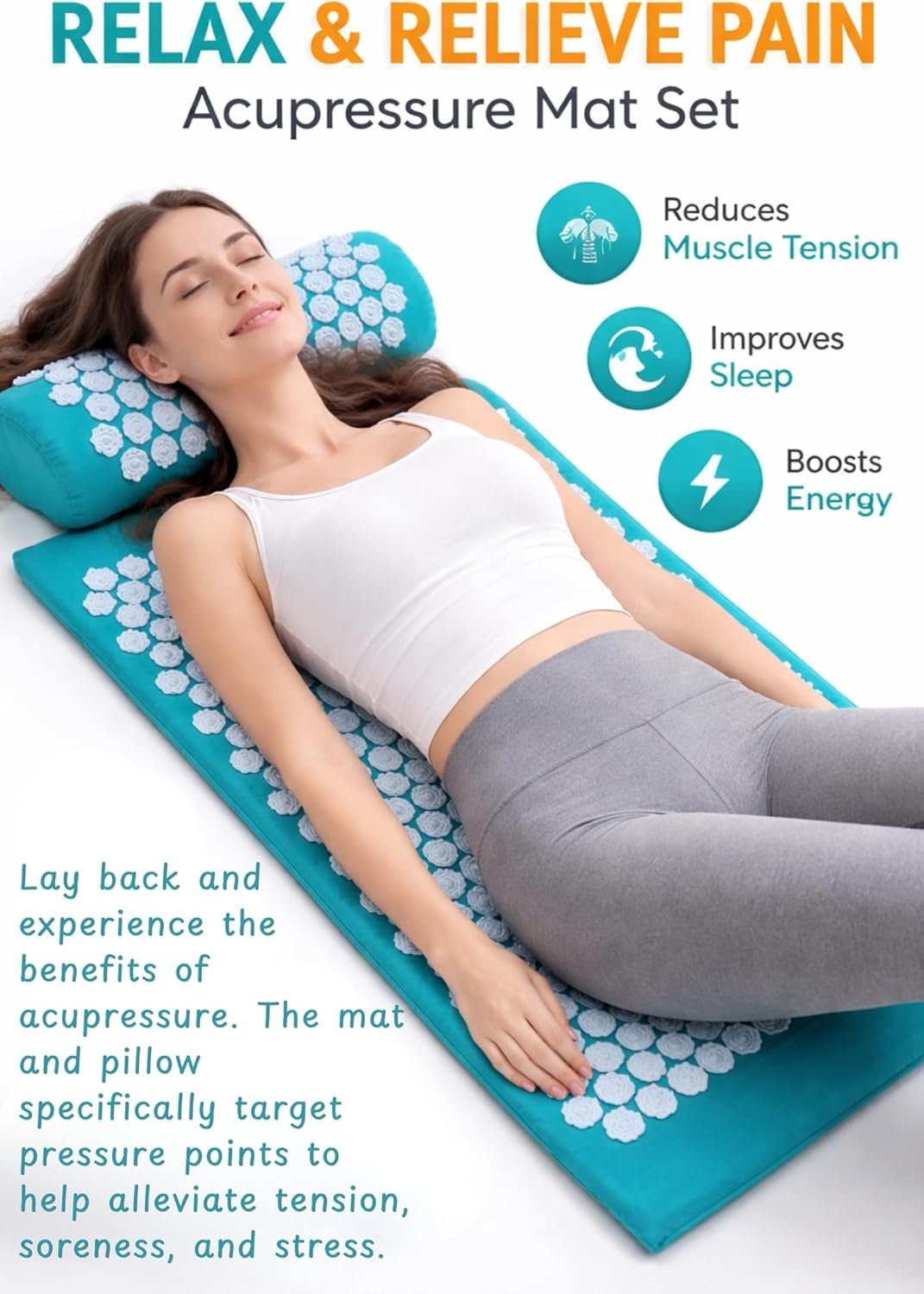 Acupressure Mat and Pillow Set for Back Pain Relief — Organic Cotton Spike Mat with Carry Bag for Neck Pain, Stress Relief, Sciatica & Better Sleep
