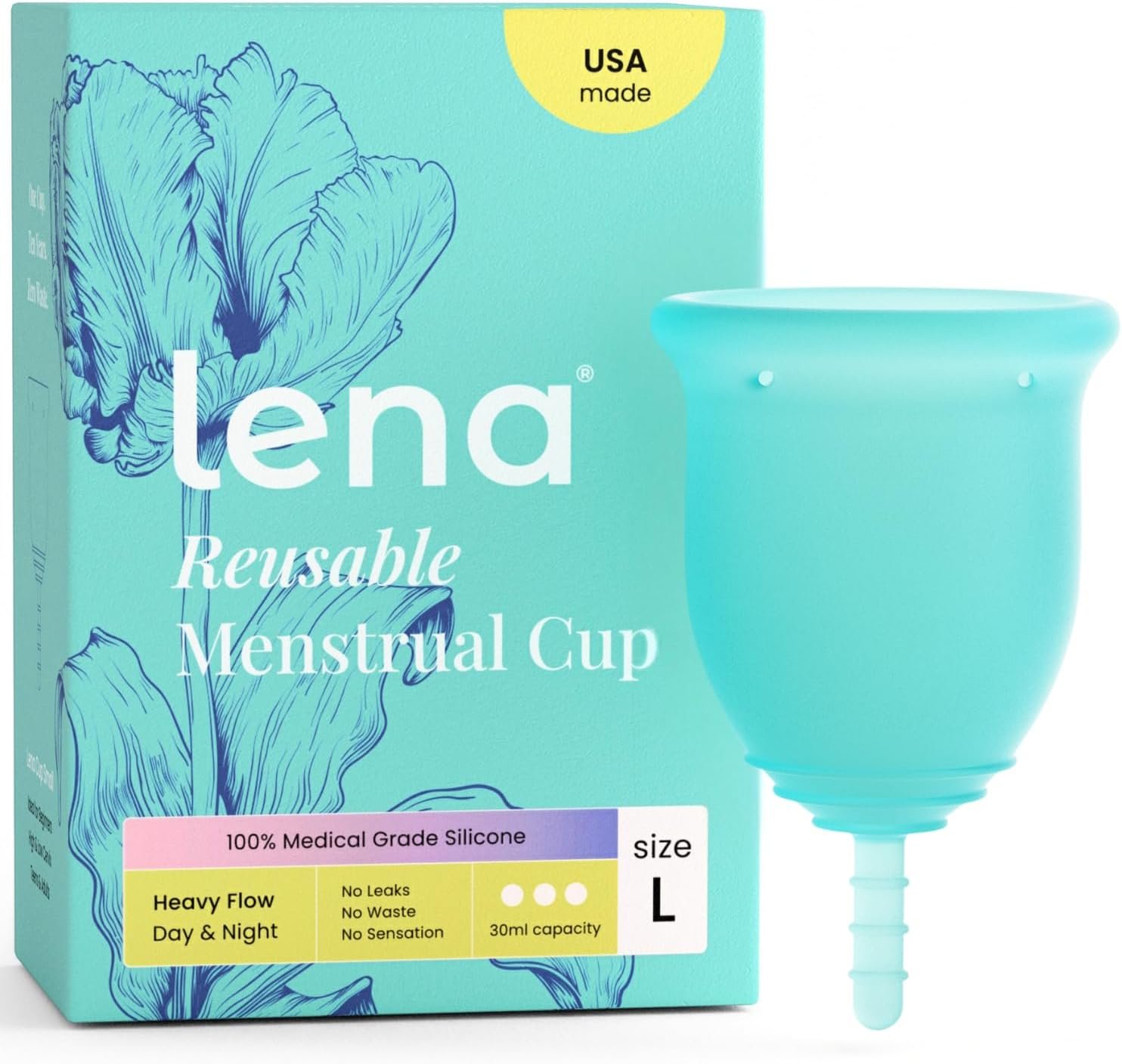 Lena Menstrual Cup Original – Soft Medical-Grade Silicone Period Cups for Women Heavy Flow, Reusable and Comfortable 12-Hour Leak-Free Protection, Beginner-Friendly Feminine Care – Large, Turquoise