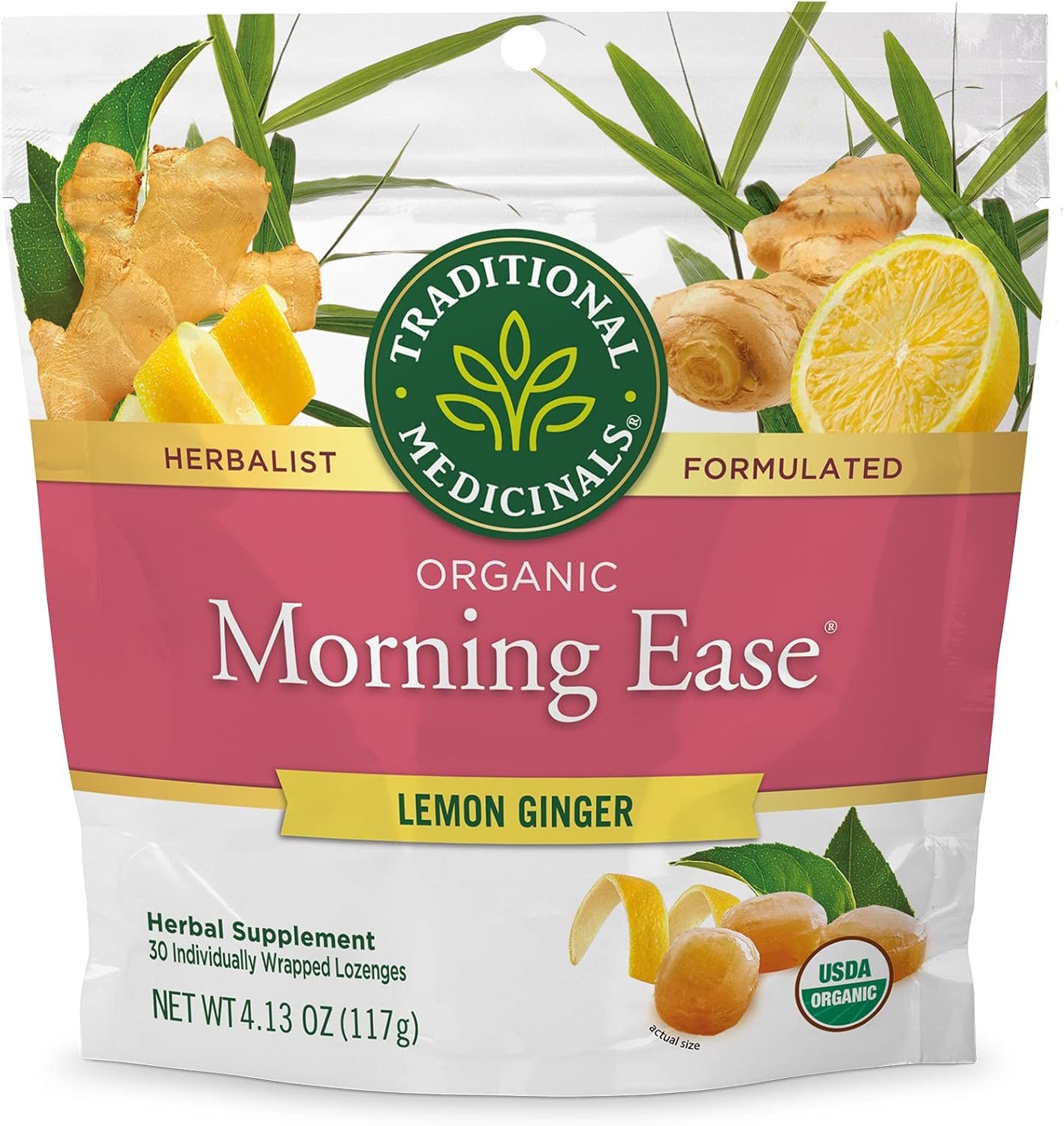 Traditional Medicinals Organic, Morning Ease Lozenges, Lemon Ginger – Supports Pregnancy Nausea Relief & Morning Sickness Associated with Normal Pregnancy – 30 Individually Wrapped Lozenges