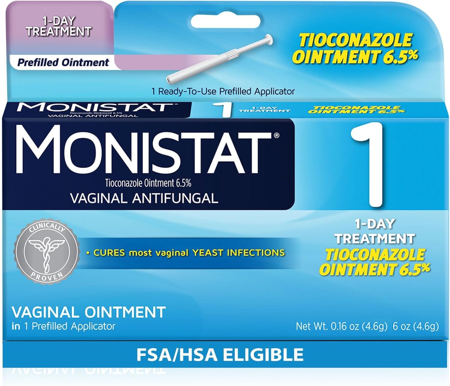 Monistat 1-Day Yeast Infection Treatment for Women, 1 Pre-Filled Tioconazole Cream Applicator, Fast-Acting Relief for Vaginal Itching