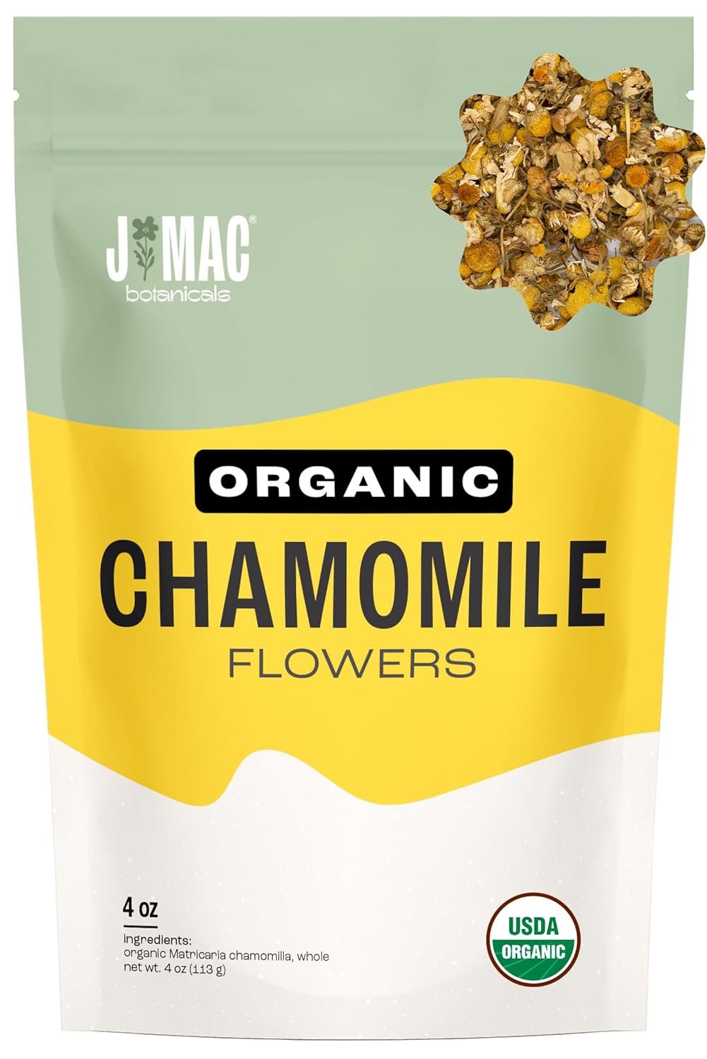 J Mac Botanicals Organic Chamomile Flowers (4 oz) – Whole Egyptian Chamomile Loose Leaf Herbal Tea, Caffeine-Free, Premium Dried Chamomile Flowers for Tea, Baths & Blends