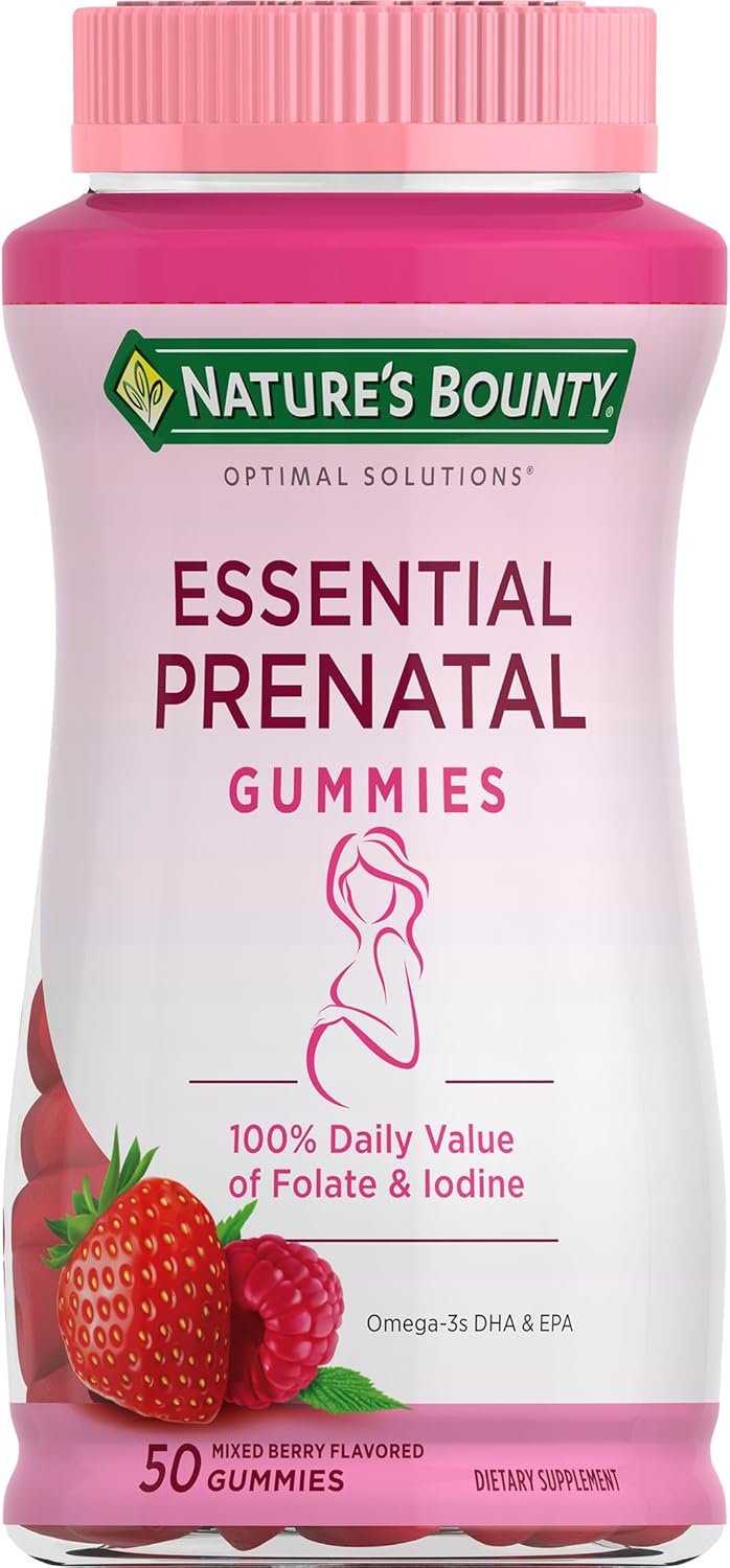 Nature’s Bounty Optimal Solutions Essential Prenatal Gummies, Folic Acid and Iodine, Omega 3 and DHA, 50 Count, 25 Total Servings