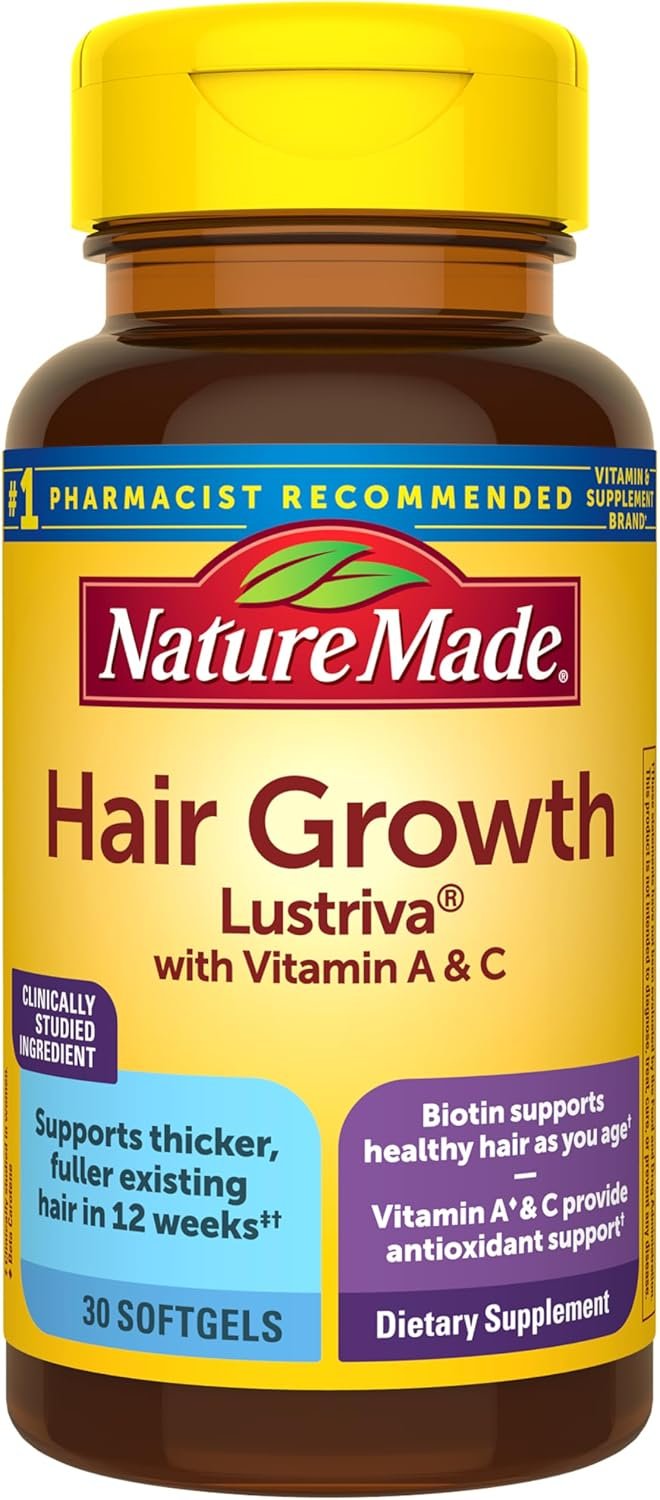 Nature Made Hair Growth Softgels, Clinically Studied Lustriva + Biotin, Vitamin C & A, Hair Growth Vitamins – Support Healthy Hair as You Age, 30 Softgels, 30 Day Supply