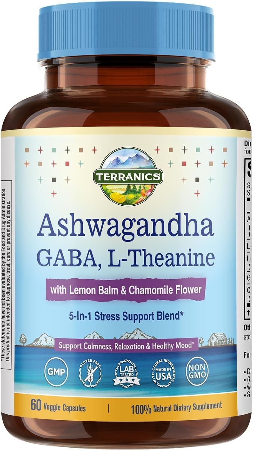 Terranics Ashwagandha L-Theanine Supplement for Stress Relief, Combined with GABA, Lemon Balm, Chamomile Flower Extract, Non-GMO, Stay Calm & Relaxed, Boost Cognitive Function, 60 Vegan Capsules