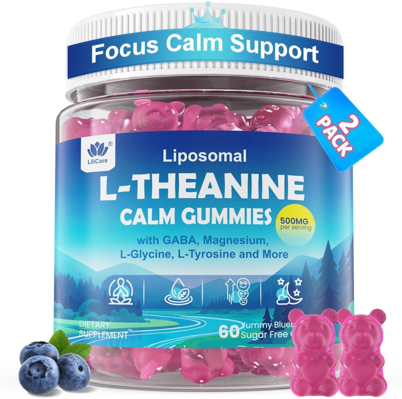 L Theanine Calm Gummies 500mg, Sugar-Free Liposomal L-Theanine Supplement, w/Safforn, Magnesium Glycinate, GABA, Ashwagandha, Algae Omega-3, Vitamin D3 B12, for Brain Calm, Relax, Mood, Zzz, 120Cts