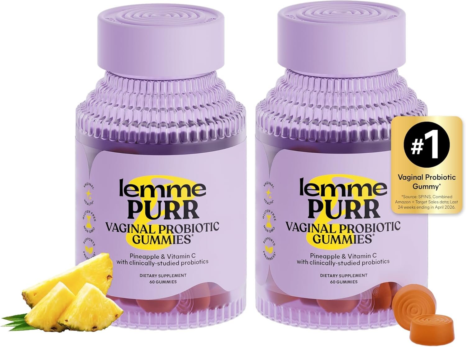 Lemme Purr Vaginal Probiotic Gummies for Women – Balanced pH, Healthy Odor, Yeast Balance & Flora Support + Vitamin C for Immune Health – Tasty Pineapple (60 Count) (Pack of 2)