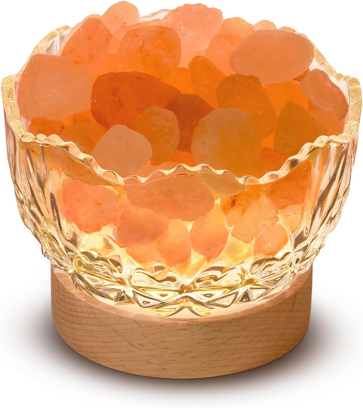 Himalayan Salt Lamp, Pink, Wooden Base, 10 Levels of Light Intensity Adjustment, USB Plug, 1 Year Warranty