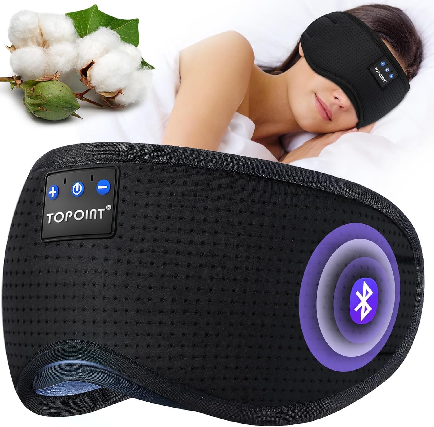 TOPOINT Sleep Mask Headphones Bluetooth Wireless 5.4, Breathable Cotton Eye Mask for Sleeping Side Sleepers Travel Music Headsets with Microphone Handsfree Men Women