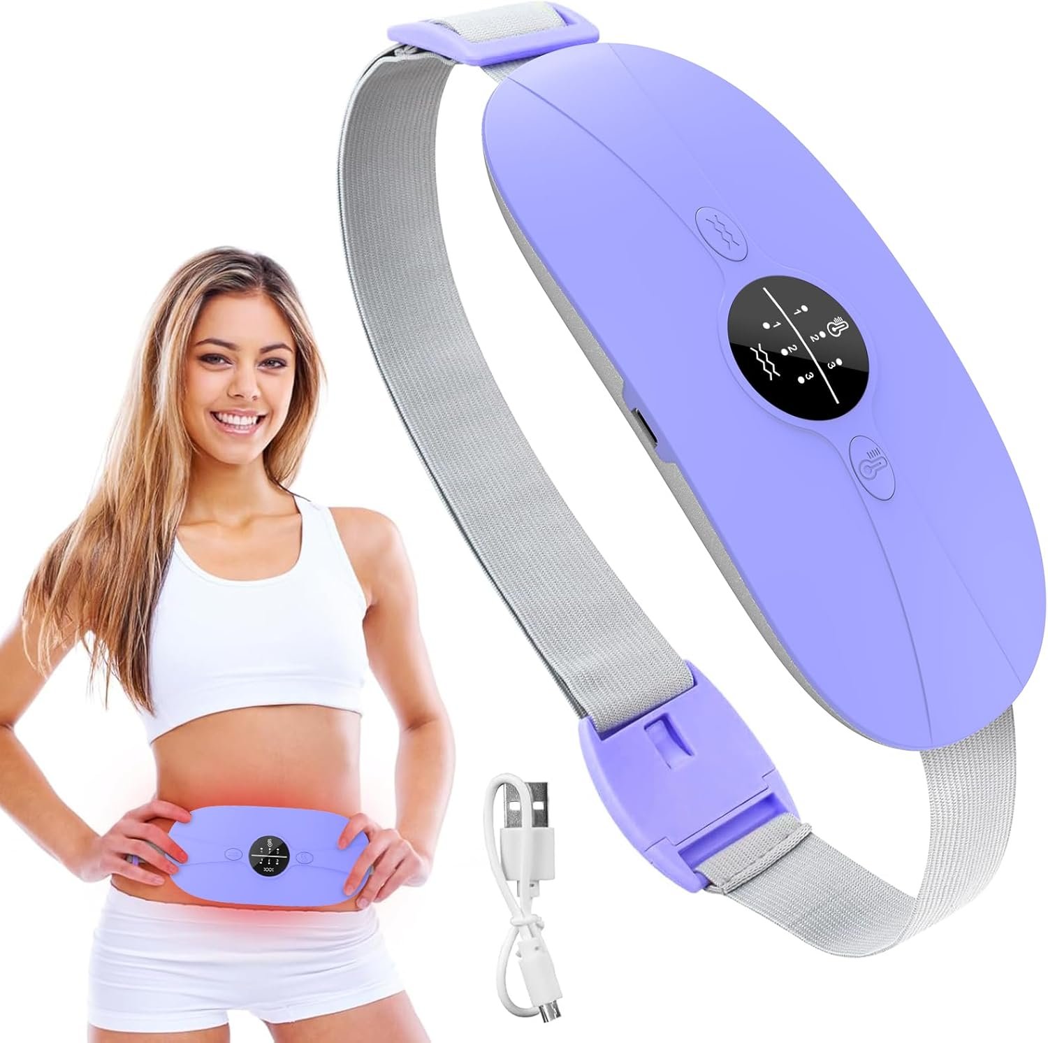 Portable Heating Pad for Period Cramps: Cordless Menstrual Heating Pad with 3 Heat Levels and 3 Massage Modes, 3s Fast Heating for Women and Girl Purple