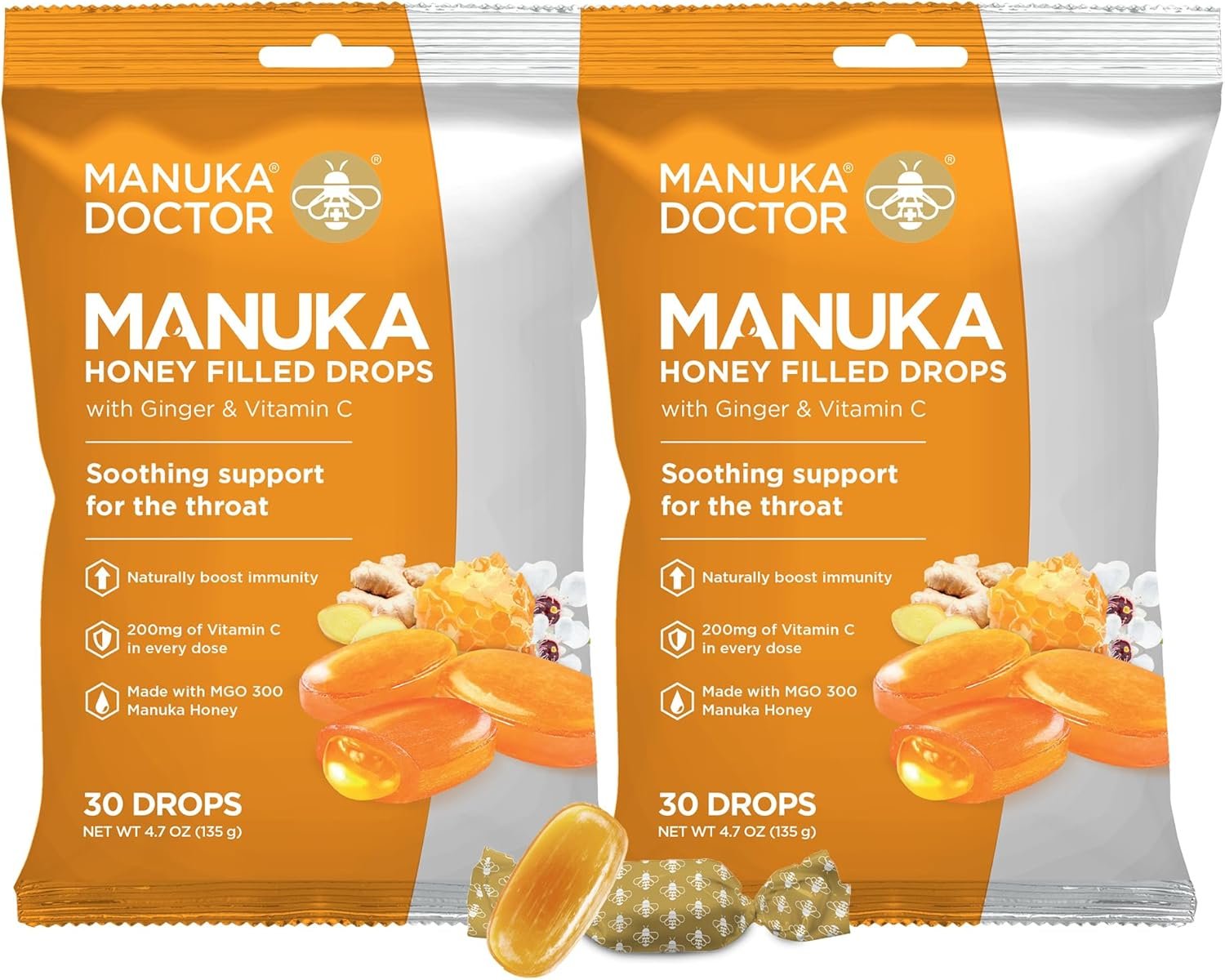 Manuka Doctor Cough Drops, Manuka Middles, 30 Drops (Pack of 2) Throat Lozenges Infused with Raw Manuka Honey, Vitamin C & Ginger for Immune Support, Helps Soothe Sore Throat