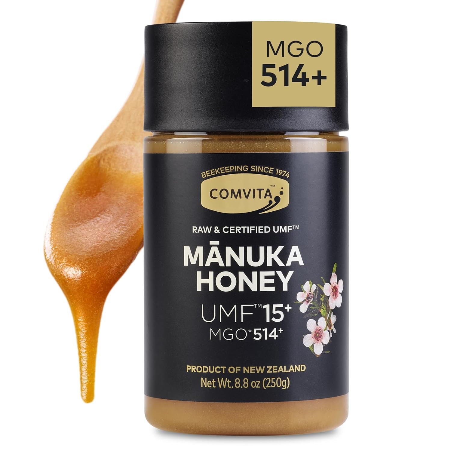Comvita Manuka Honey UMF 15+ (MGO 514+) – Raw Manuka Honey New Zealand, Pure & Unpasteurized, Superfood for Immune Health, Use in Tea, Wild, Monofloral, Non-GMO – 250g (8.8 oz)