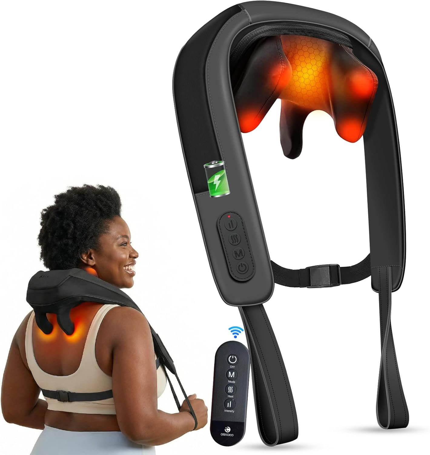CooCoCo Cordless Neck Massager with Heat, Shiatsu Shoulder Back Massager for Pain Relief Deep Tissue, FSA Eligible Deep Kneading Massage Wrap with Remote, HSA Approved Gifts for Father Mom Men Women