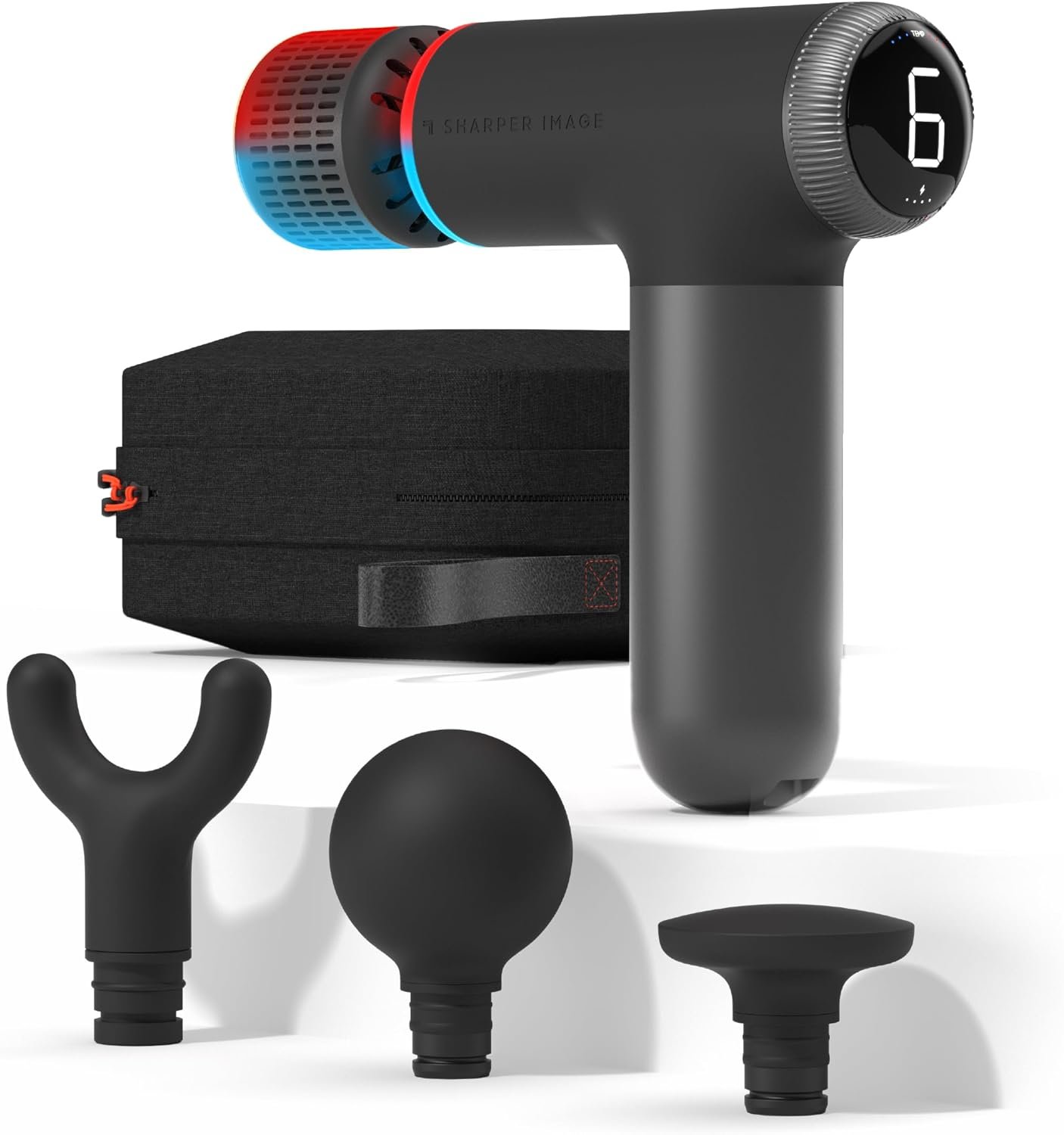 Sharper Image® Powerboost® Pro+ Hot & Cold Compact Deep Tissue Massage Gun – 6 Speed, 4 Attachments, Travel Case| Soothing Heat & Cold Therapy| Portable Lightweight Full Body Shoulder & Back Massager