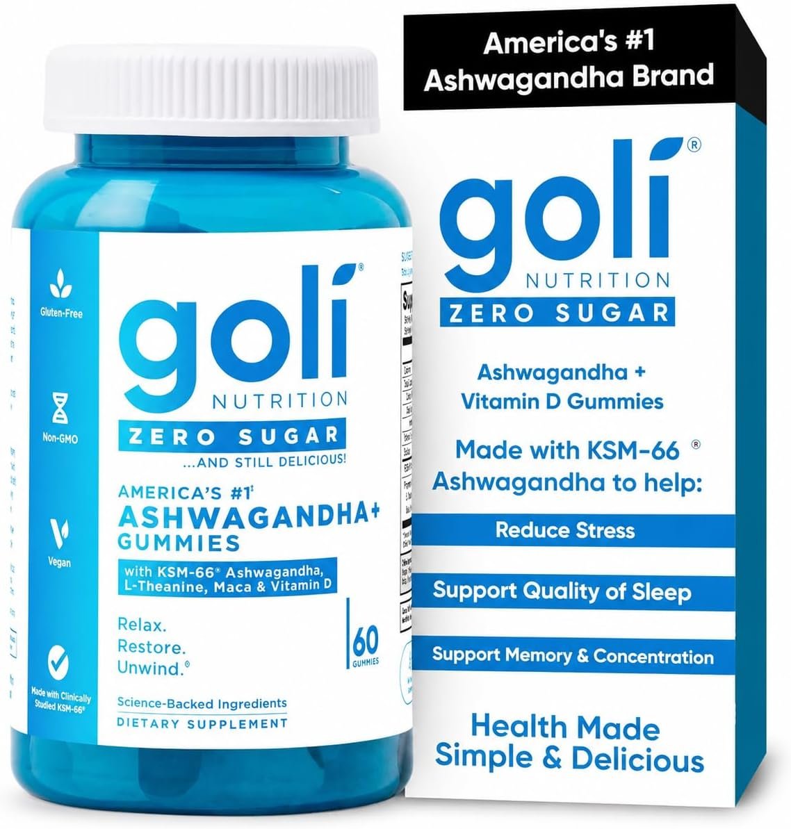 Goli Zero Sugar Ashwagandha Gummies with KSM-66, L-Theanine, Maca and Vitamin D – No Sugar Alcohols – Vegan, Keto-Friendly, Non-GMO