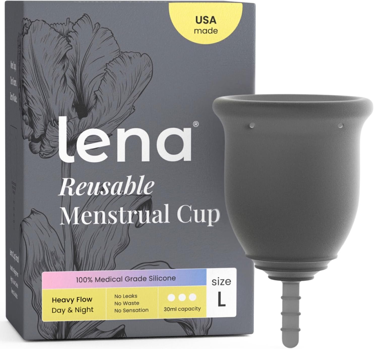 Lena Menstrual Cup Original – Soft Medical-Grade Silicone Period Cups for Women Heavy Flow, Reusable and Comfortable 12-Hour Leak-Free Protection, Beginner-Friendly Feminine Care – Large, Gray
