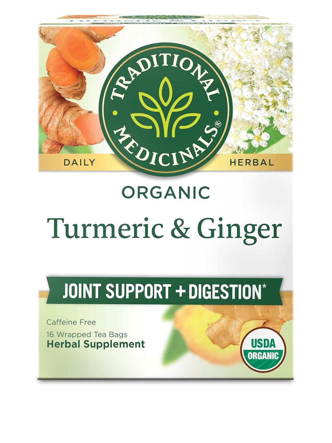 Traditional Medicinals Organic, Turmeric Tea with Ginger & Meadowsweet – Supports Normal Response to Inflammation – Kosher, Non-GMO, Caffeine-Free, Compostable – 16 Tea Bags