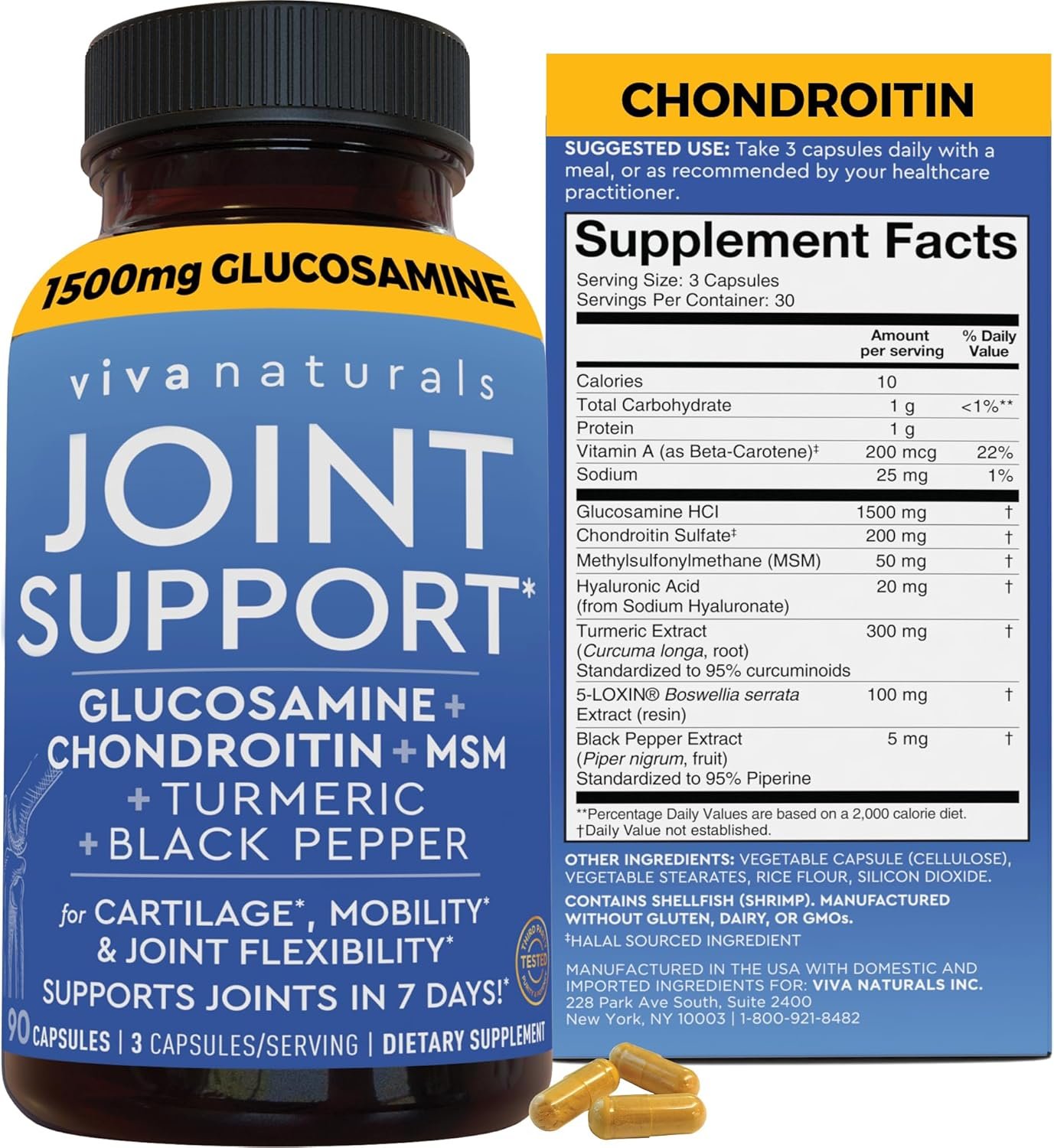 Viva Naturals Glucosamine Chondroitin MSM Joint Support Supplement, 90 Capsules – with Turmeric, Black Pepper, Boswellia and Hyaluronic Acid – Joint Health Supplement for Mobility and Flexibility