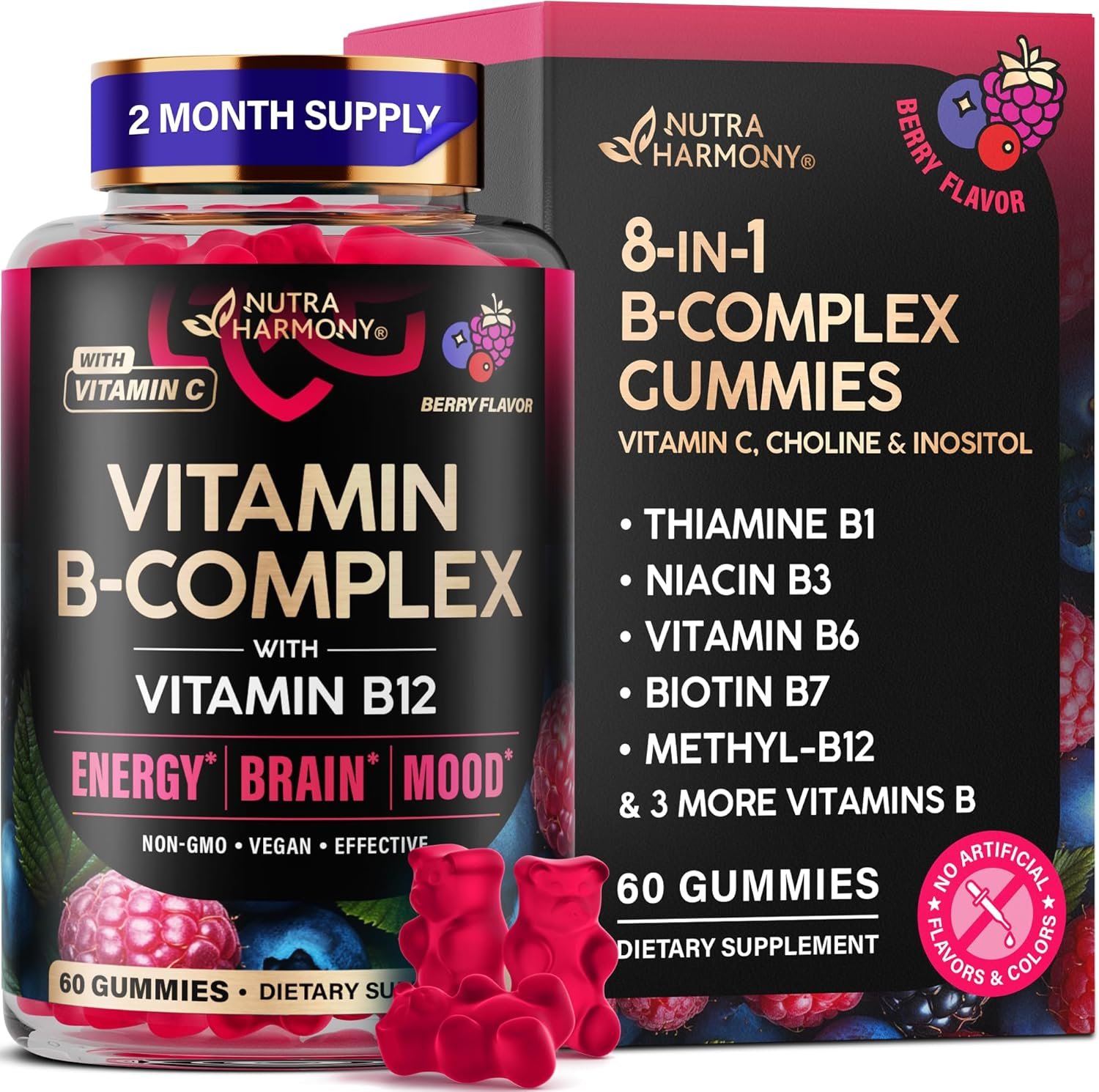Vitamin B-Complex Gummies for Women & Men – Vitamin B12, B1, B2, B3, B5, B6, B7 & B9 – B Complex with Vitamin C & Choline – Energy, Brain & Mood – Natural Berry Flavor, Vegan – 60 Gummies for 2 Months