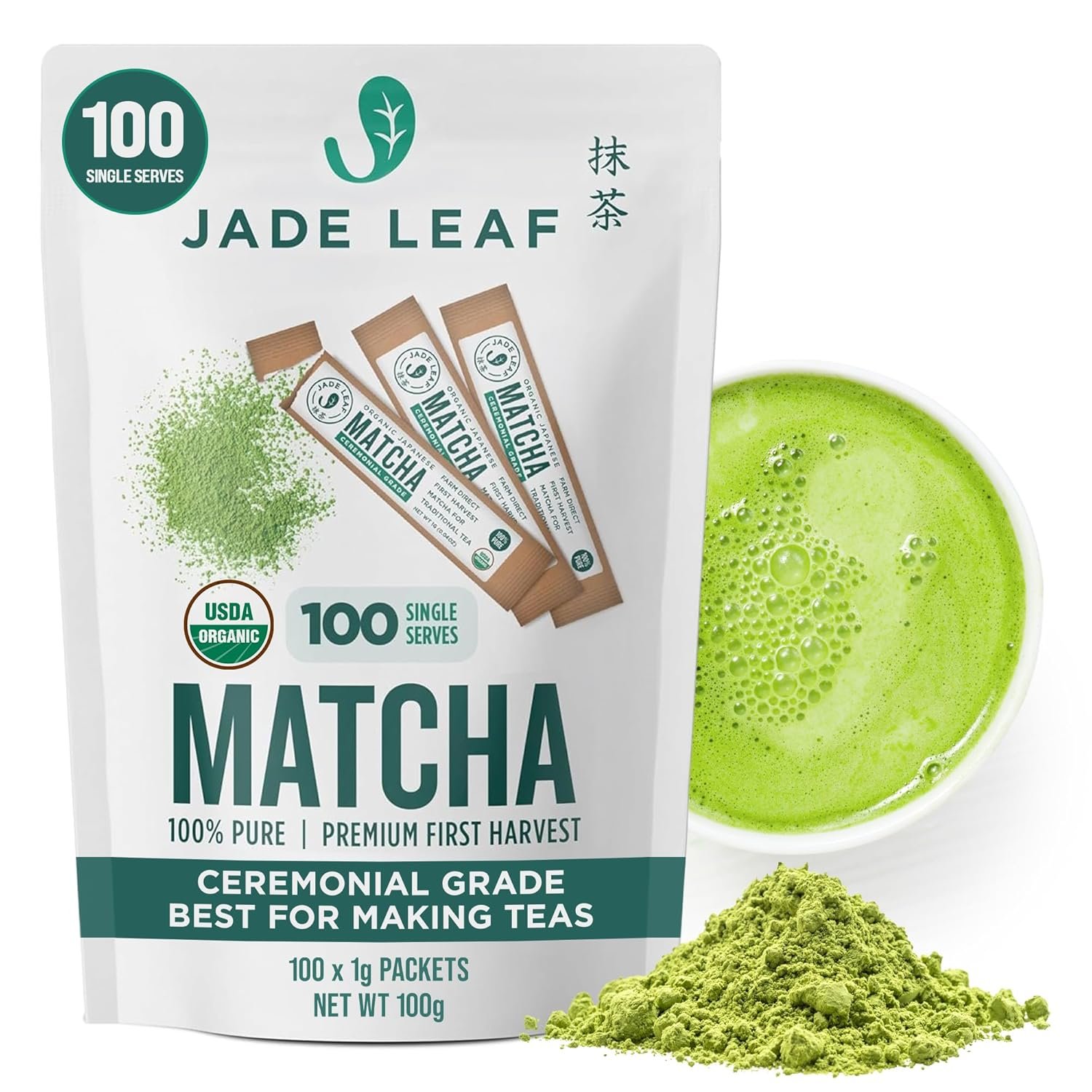 Jade Leaf Matcha Organic Ceremonial Grade Matcha Green Tea Powder On The Go Packets – For Lattes, Smoothies, Usucha, 100 Count (0.04 Ounce Packets)