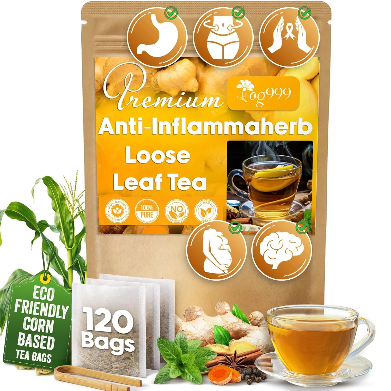 60 Tea Bags – Anti-Inflammaherb Loose Leaf Tea, 100% Natural from Ginger, Turmeric, Peppermint, Black Pepper, Cinnamon. Made with Natural Material Tea Bags. No Sugar, No Caffeine, No Gluten, Vegan.