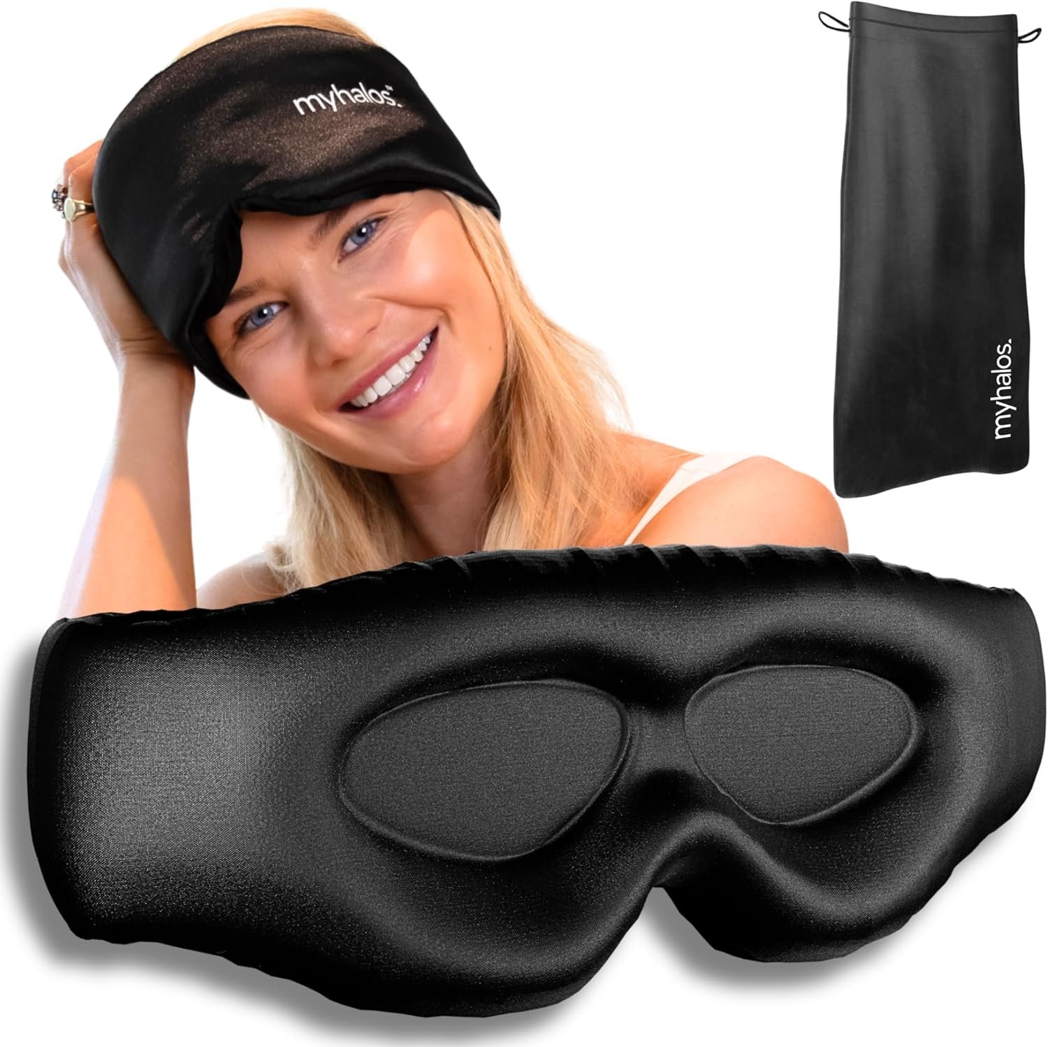 MyHalos 3D Mulberry Silk Sleep Mask for Women & Men with Cups, Blackout – Silk Eye Masks for Sleep Anywhere, Travel, Night, Face, Side – Eye Cover, Sleeping Mask, Eyemask, Sleepmask, Black