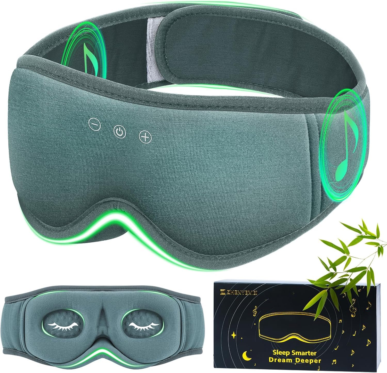 Bamboo Cotton Large Sleep Mask with Bluetooth Wireless Headphones – Blackout Eye Mask for Sleeping 3D Contoured Sleep Eye Cover Headband Ear Plugs Low Noise Hook for Men Women Better Experience (Grey)
