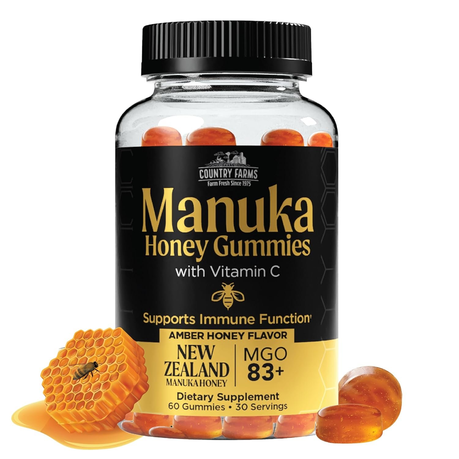Country Farms Manuka Honey Gummies with Vitamin C – New Zealand Manuka Honey MGO 83+ – Immune Support Supplement, Organic Honey Gummies, Raw Honey Alternative, 60 Count (30 Servings)
