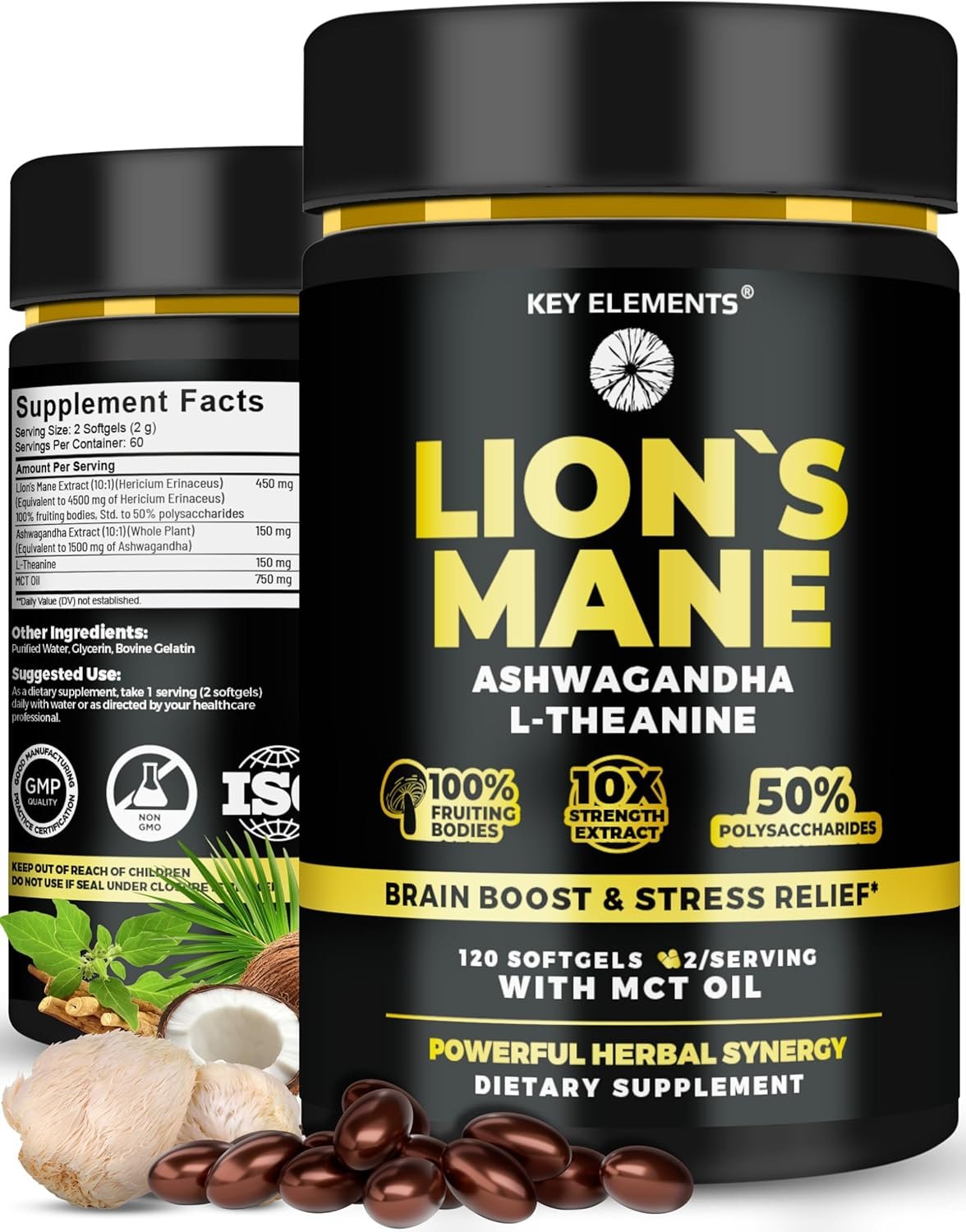 KEY ELEMENTS Organic Lions Mane Supplement Capsules with MCT Oil for Brain Support & Relaxed Focus – Lion’s Mane Extract with Ashwagandha and L-Theanine – Lions Mane Mushroom Softgels