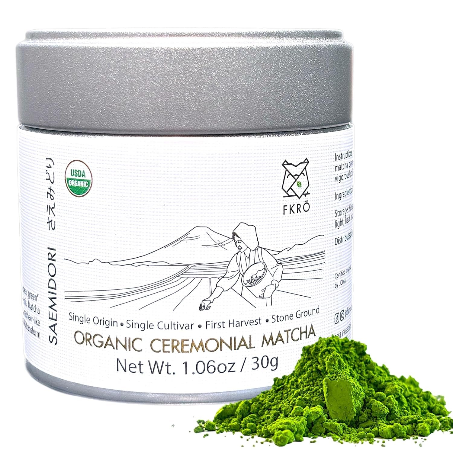FKRO Organic Saemidori Ceremonial Grade Matcha Green Tea Powder | 1st Harvest, Single Cultivar | Sugar-Free | Monthly Fresh from Japan (30g/1.06oz) Tin