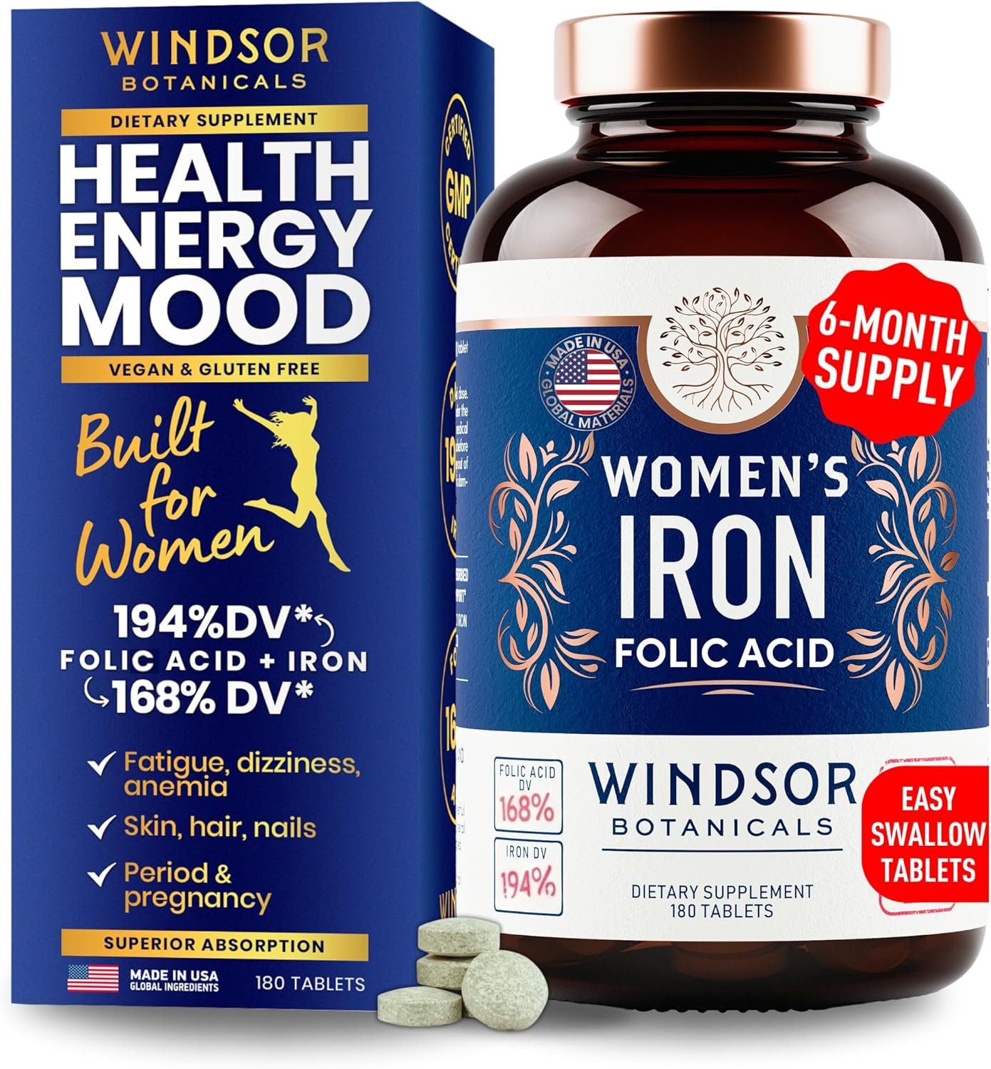 Iron and Folic Acid Supplements for Women – 35mg Gentle Iron Vitamin, Folic Acid 400mcg – Anemia, Period, Pregnancy Support Supplement, Ferrous Sulfate Pills – 180 Vegan Non-Constipating Tablets