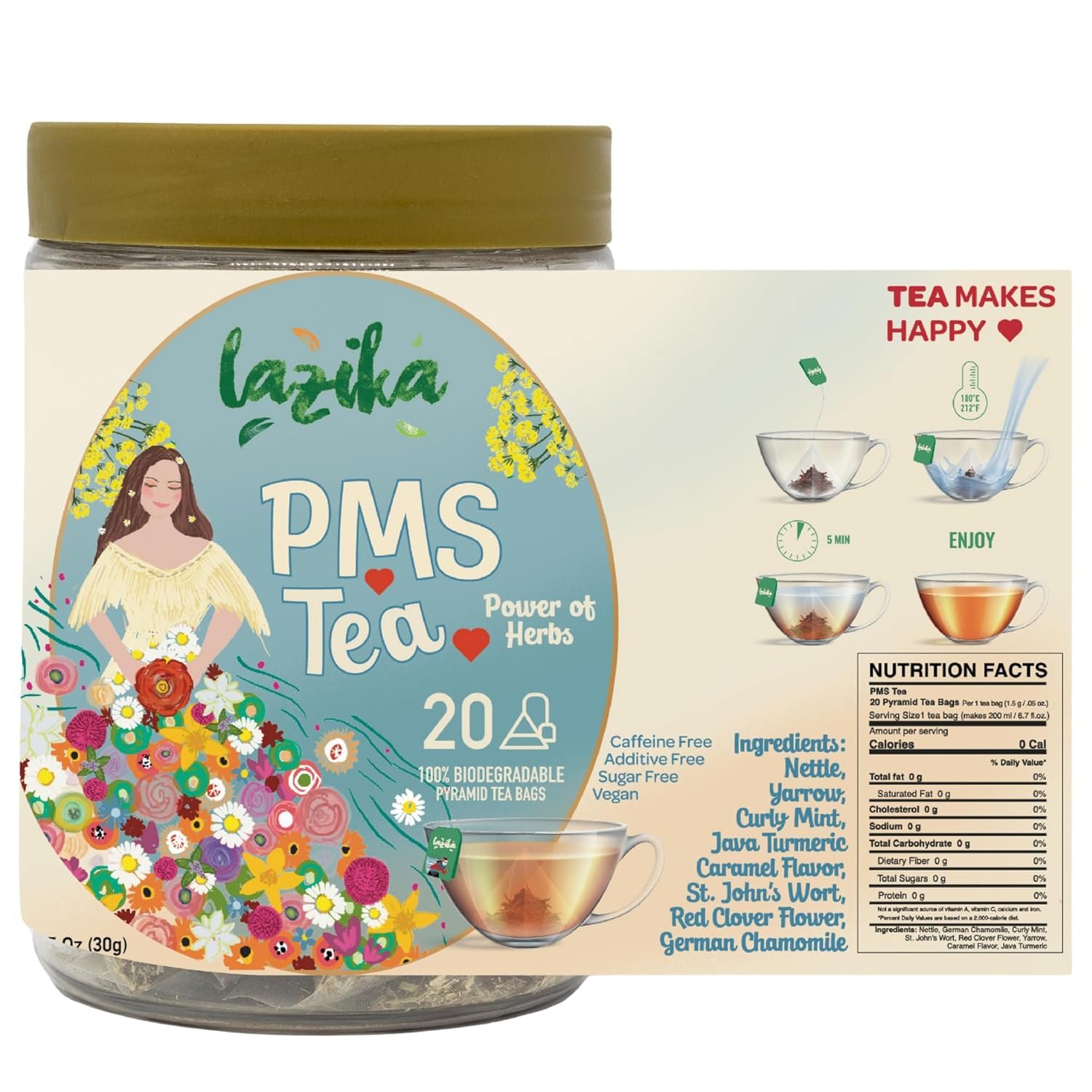 Lazika PMS Tea for Hormone Balance, Herbal Tea for Healthy Menstural Cycle, 20 Pyramid Teabags, Period Relief and PMS Support for Women, Caffeine Free, Chamomile, Fennel