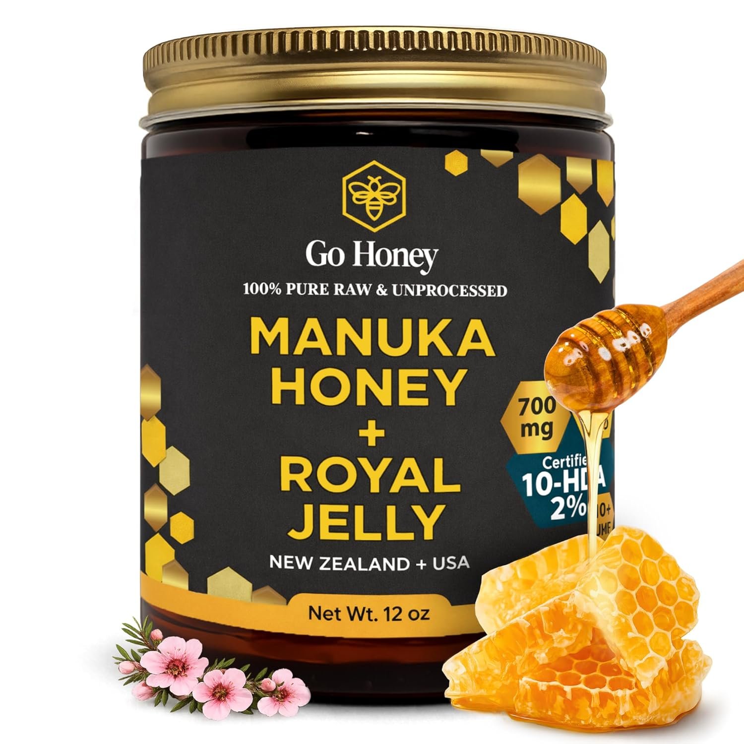 Go Honey Manuka Honey Royal Jelly 12 oz, 263+ MGO, 10-HDA – 72 Servings Energy Boost Immune Support Raw Manuka Honey Packed with Peptides, Flavonoids – Promotes Hormone Balance