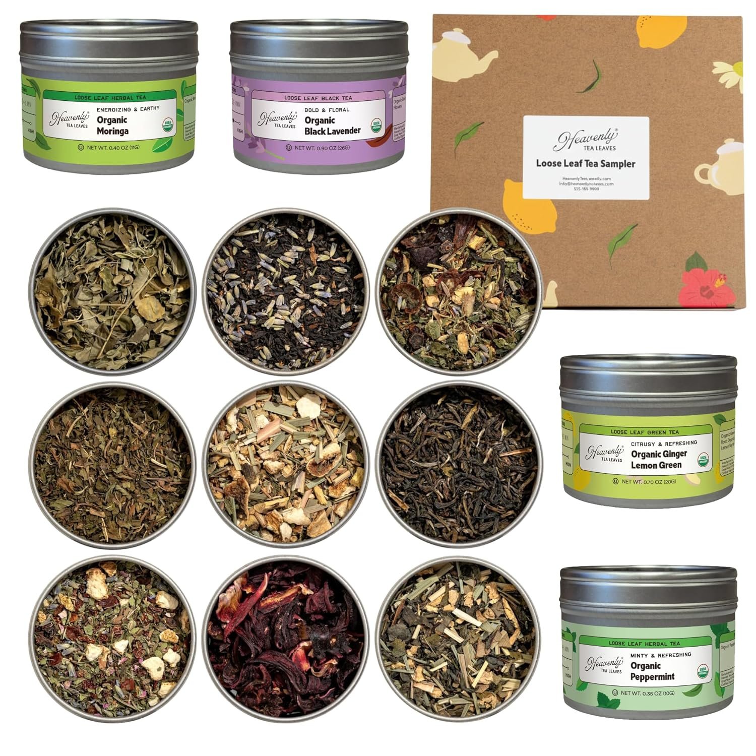 Heavenly Tea Leaves Organic Wellness Tea Sampler (Approx. 90 Cups of Tea), 9 Assorted Loose Leaf Teas & Herbal Tisanes – Great Hot or Iced, High & No Caffeine Teas, Gift Ideas for Her