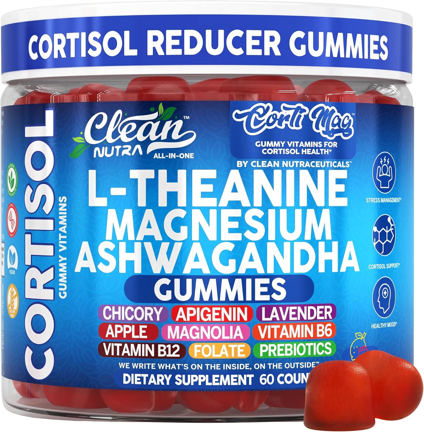 Clean Nutra Cortisol Supplement Gummies L-Theanine Magnesium Ashwagandha Apigenin Vitamin B6 Sleep and Calm Support Lavender Chicory Prebiotic Advanced Gummy Formula