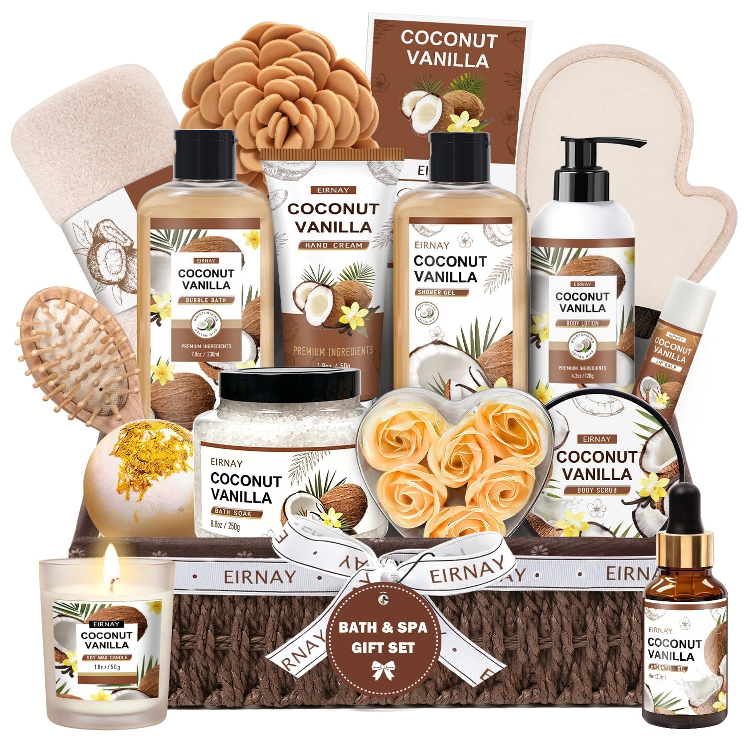 Mothers Day Gifts For Women – 16 PCS Birthday Gift Basket for Women Set of Coconut Vanilla Self Pampering Set, Includes Luxurious Home Spa Shower Gel Bubble Bath