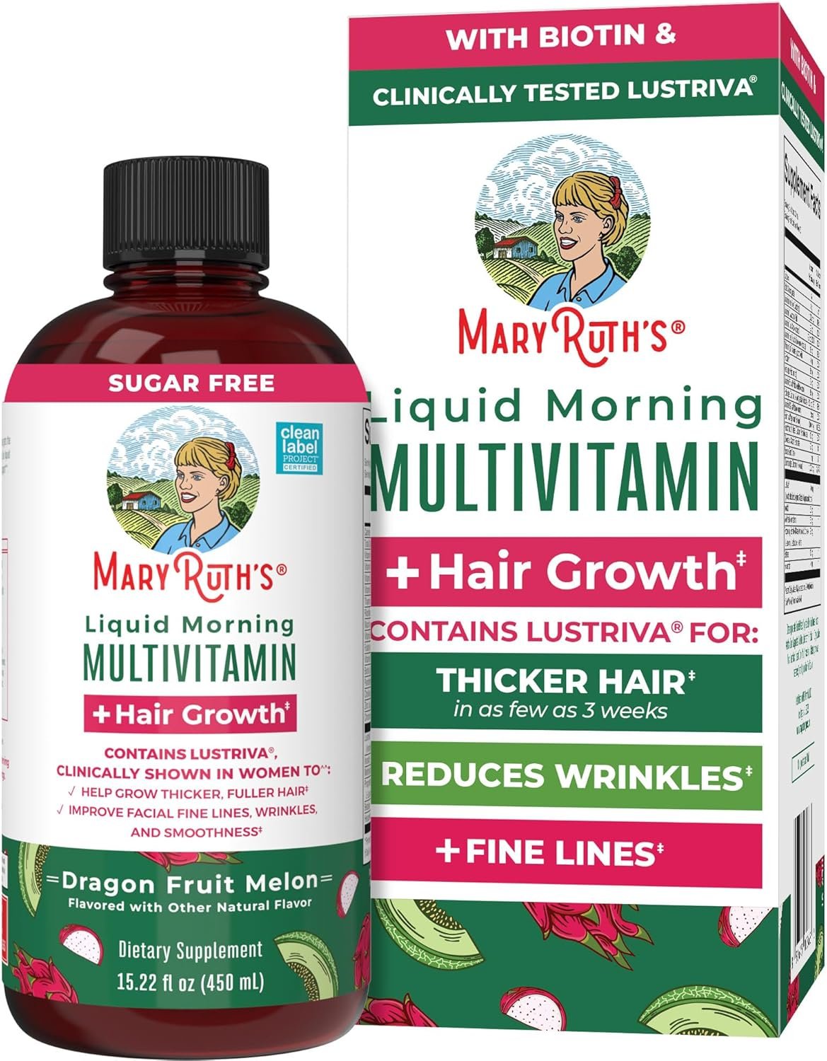 MARYRUTH’S Liquid Multivitamin + Hair Growth | Clinically Tested in Women for Thicker Hair & Facial Wrinkles | Biotin 10000mcg | Lustriva Hair Growth Supplements | Skin Care | Ages 18+ | 15.22 Fl Oz