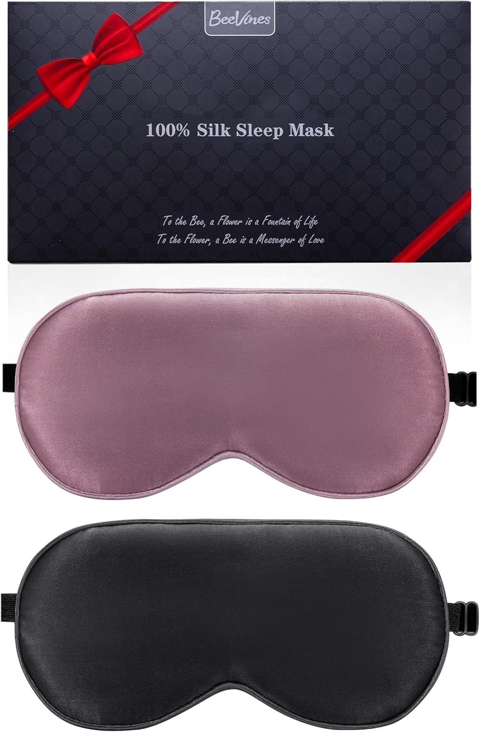 BeeVines 100% Real Mulberry Silk 2 Pack Sleep Mask, Pure Silk Eye Masks with Adjustable Strap for Sleeping, 100% Block Light Eye Shade Cover, Reduces Puffy Eyes Traveling Gifts(Black & Ruby Purple)