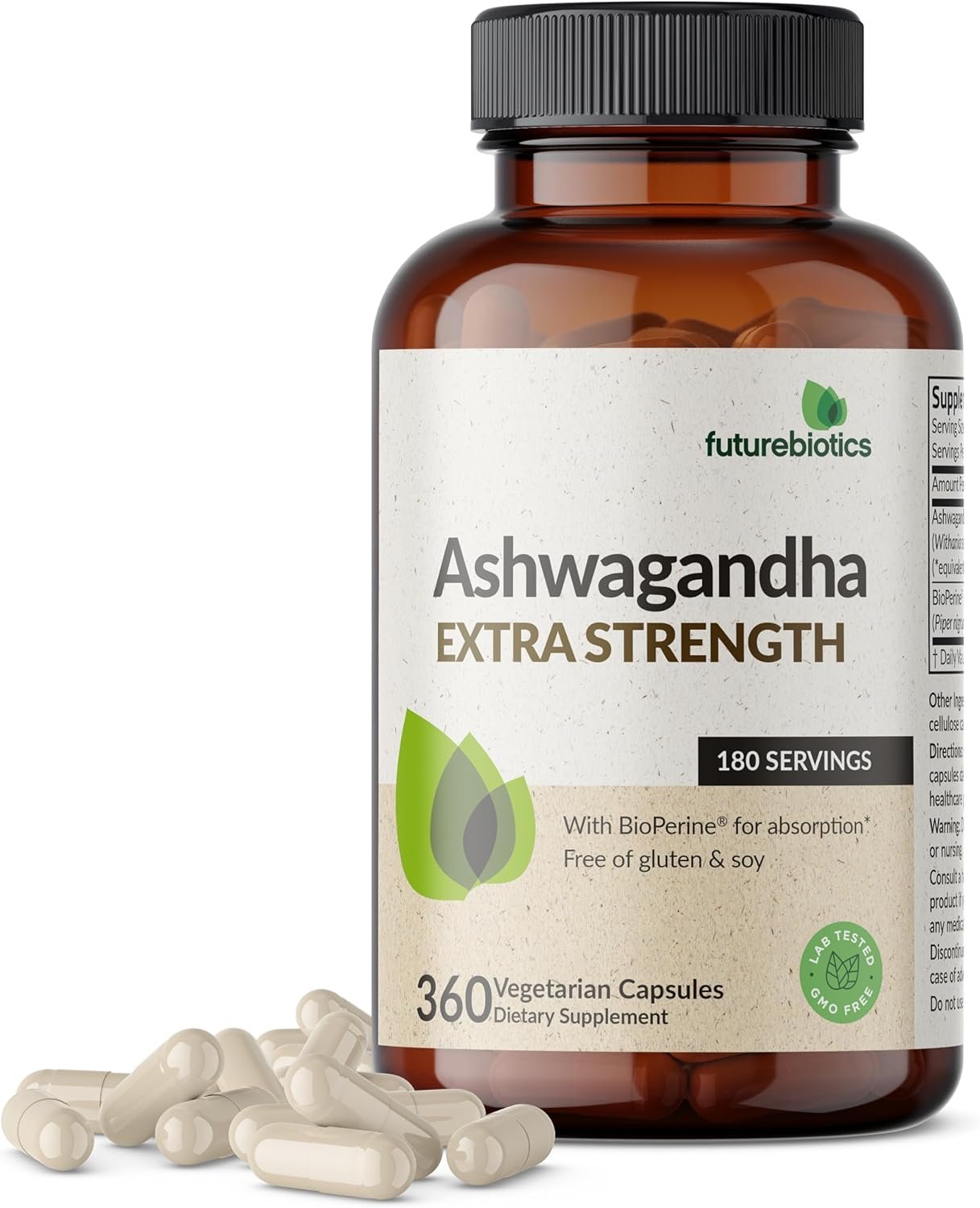 Futurebiotics Ashwagandha Extra Strength Stress & Mood Support with BioPerine – Non GMO Formula, 360 Vegetarian Capsules