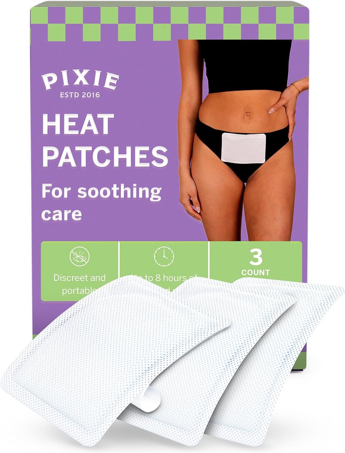 Pixie Period Cramps Menstrual Pain Relief Heat Patches – Lower Abdominal & Back Ache Therapy – Natural Alternative to Lidocaine ICY Hot – Up to 8 Hours – 3 Count Discreet Disposable Heat Pads